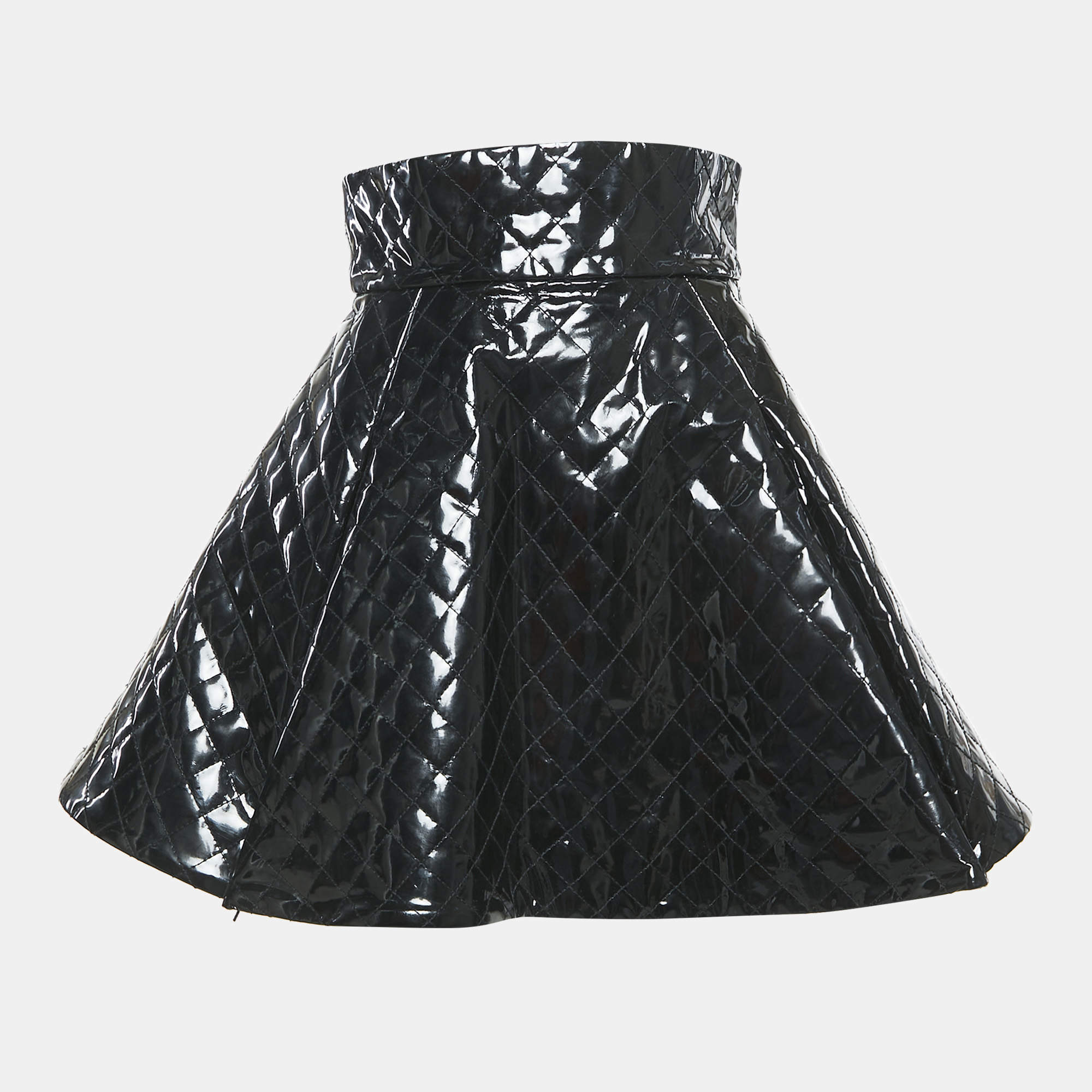 Pre Owned Balmain Black Quilted Patent Leather Flared Mini Skirt S