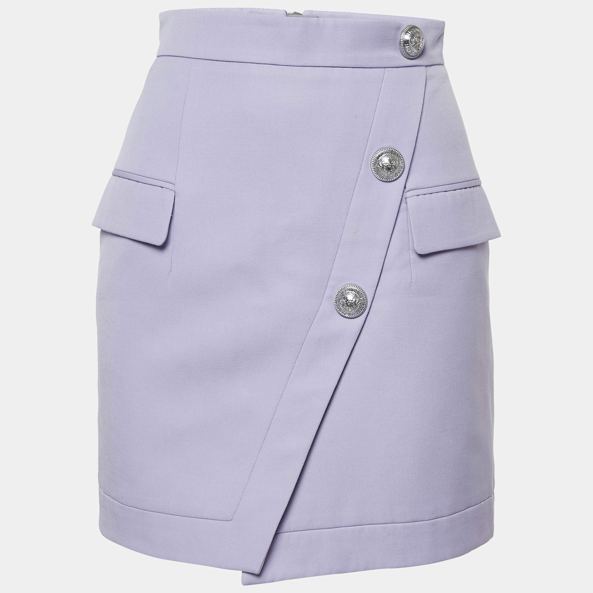 Balmain Lavender Wool Button Detail Mini Skirt S