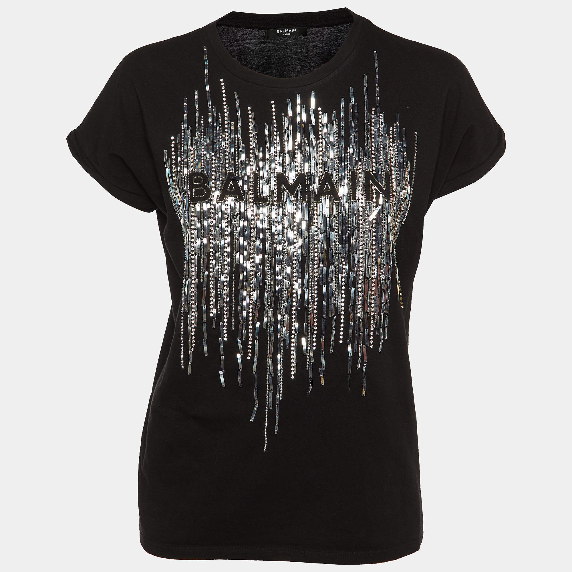 Balmain Black Logo Embellished Crew Neck T-Shirt XS