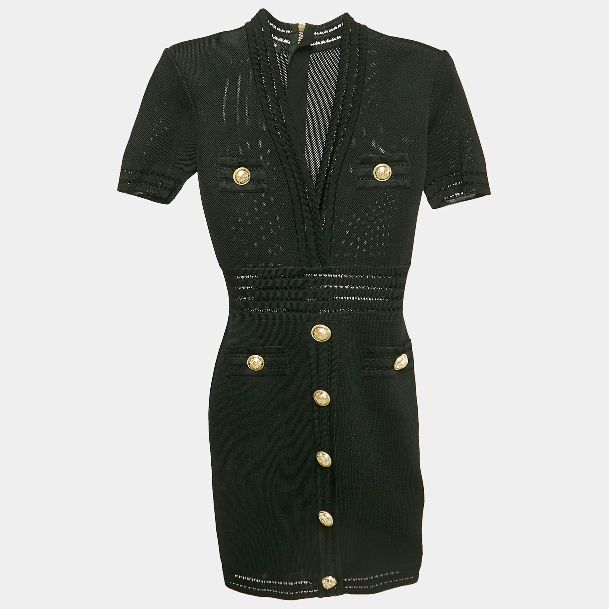 Balmain Black Mesh Knit Button Detail Bodycon Mini Dress M