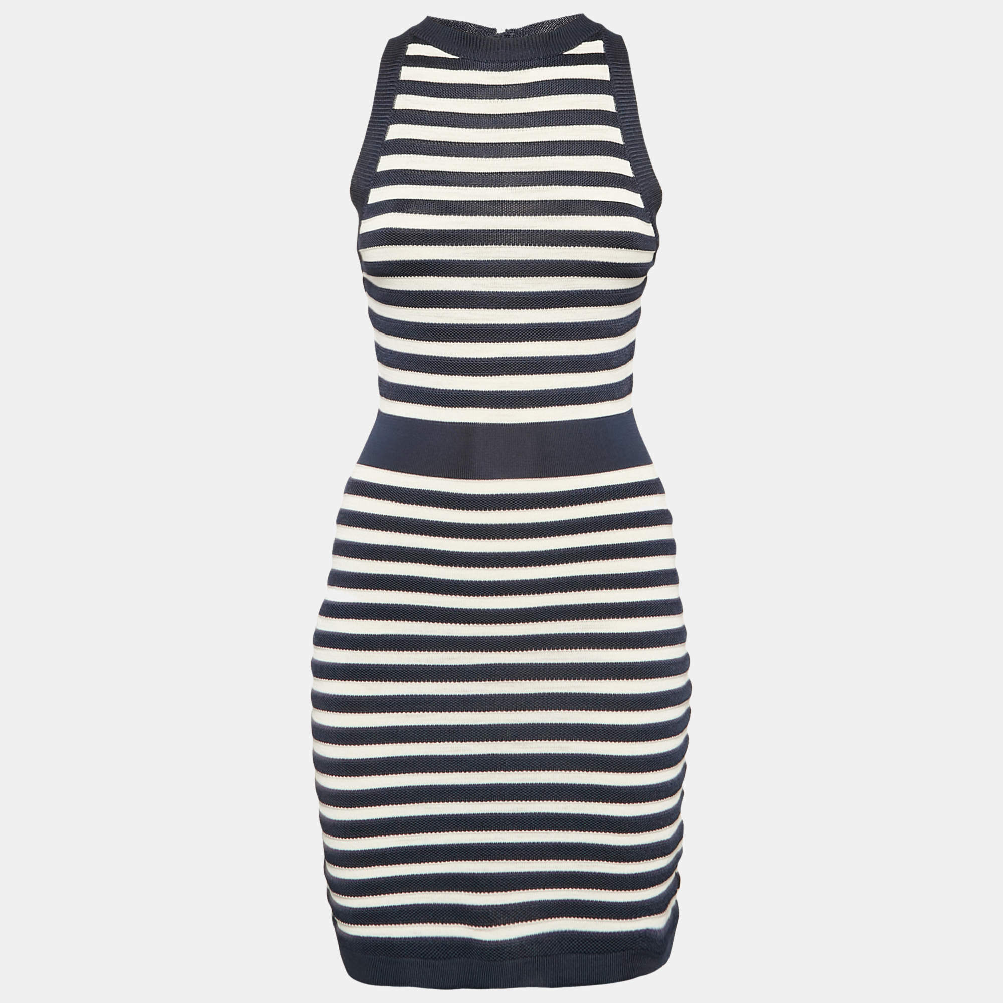 Balmain Navy Blue/White Stripe Knit Sleeveless Mini Dress S