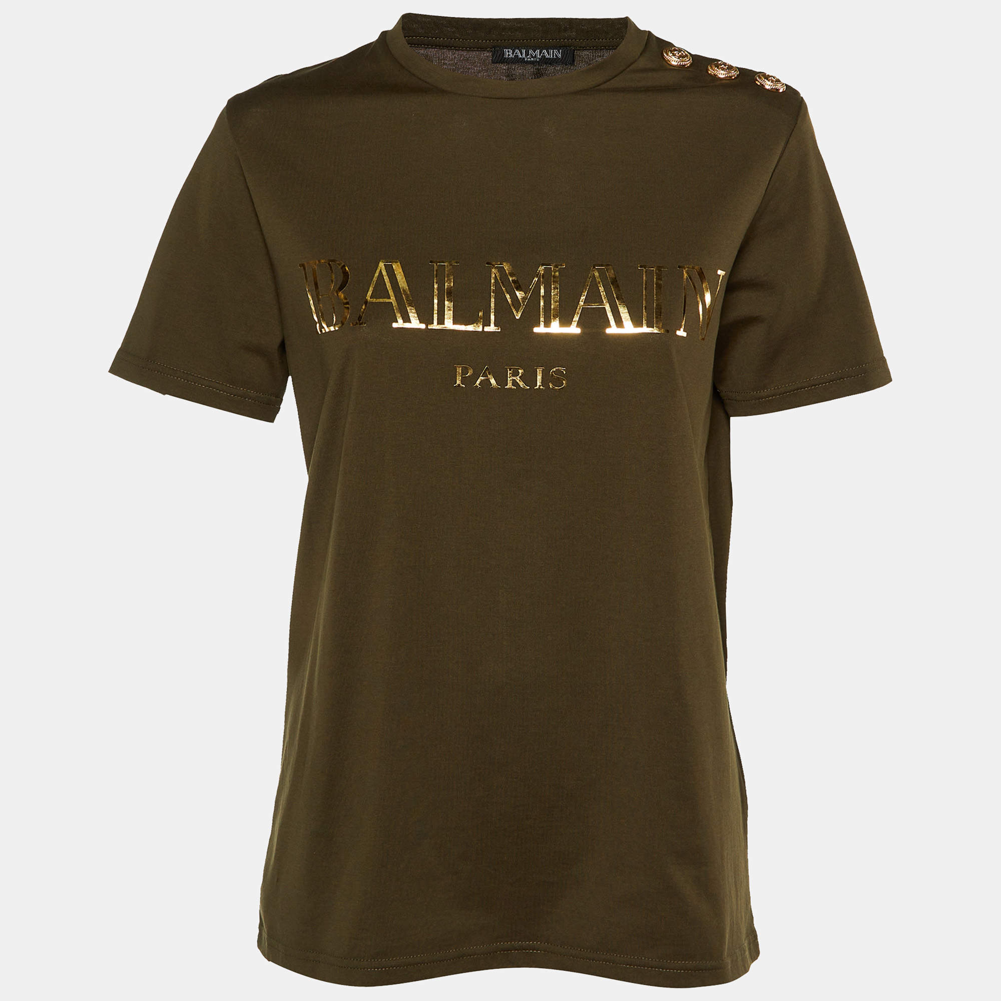 Balmain Green Logo Print Cotton Button Detail T-Shirt M
