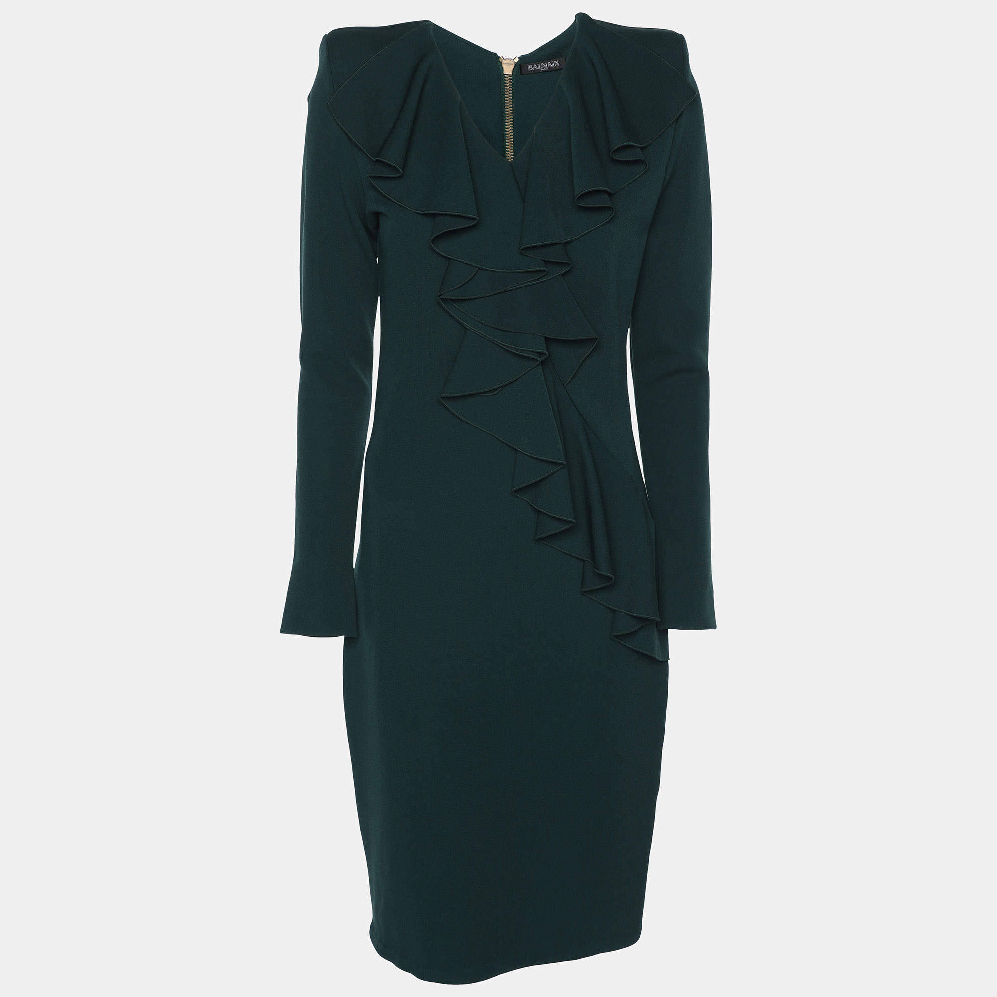 Balmain Green Crepe Ruffle Midi Dress M