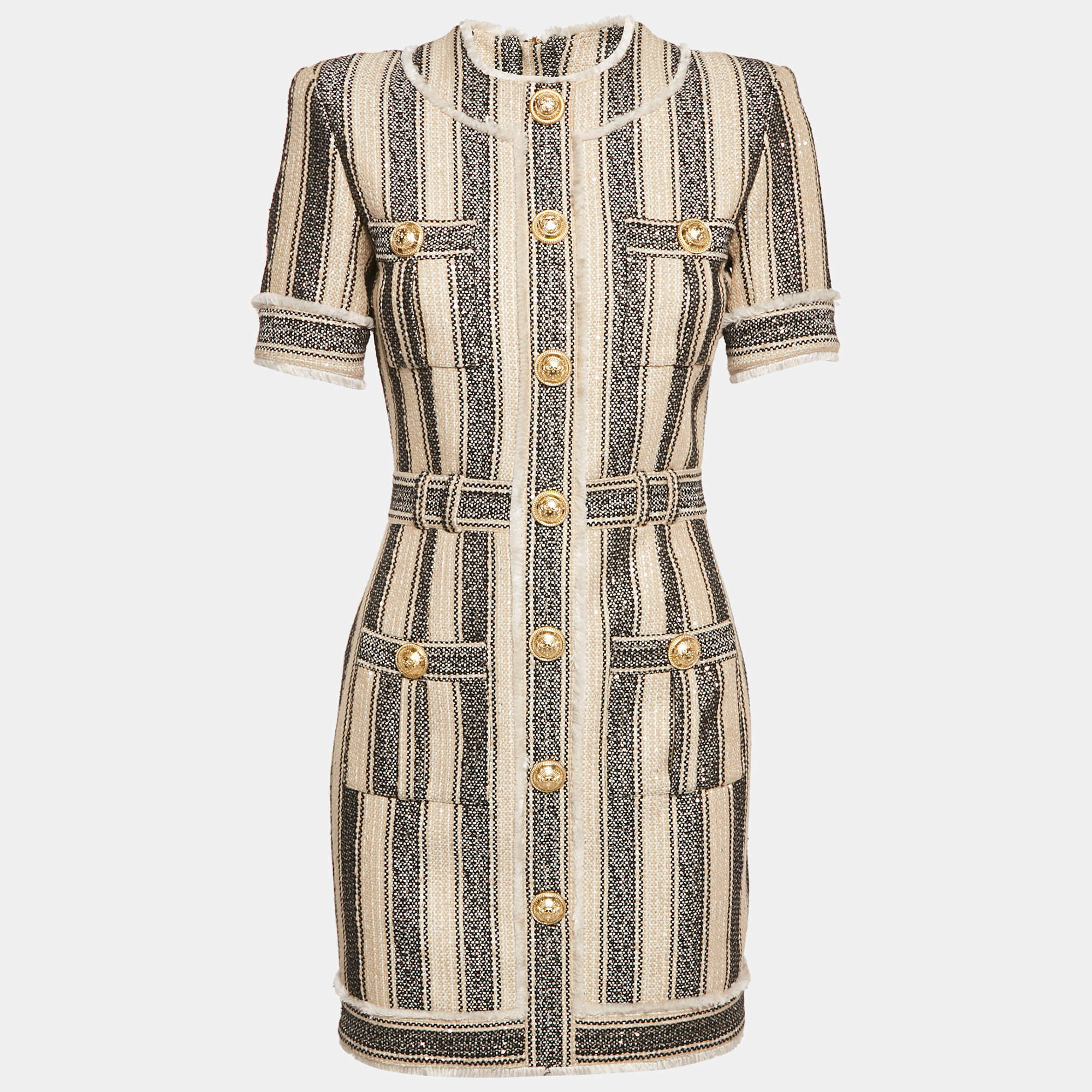 Pre Owned Balmain Beige/Black Frayed Sequin Striped Piqué Mini Dress S