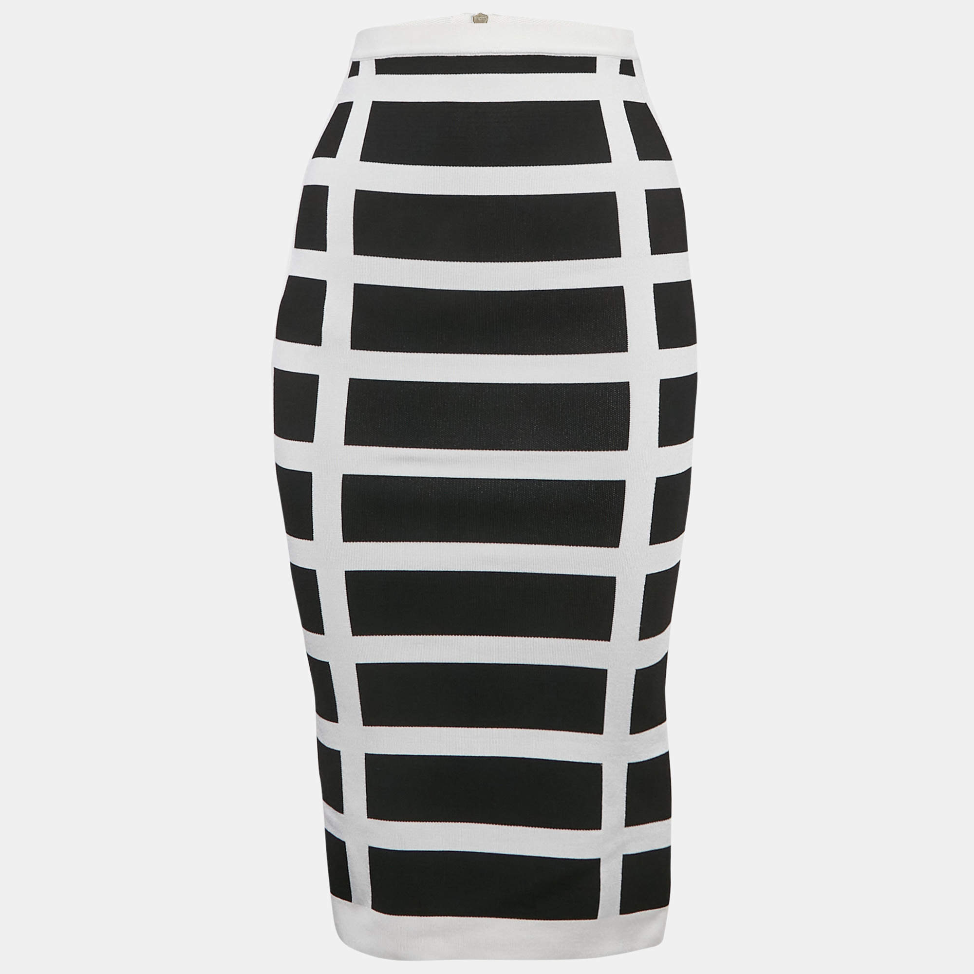 Balmain White/Black Intarsia Knit Zip-Up Pencil Midi Skirt S