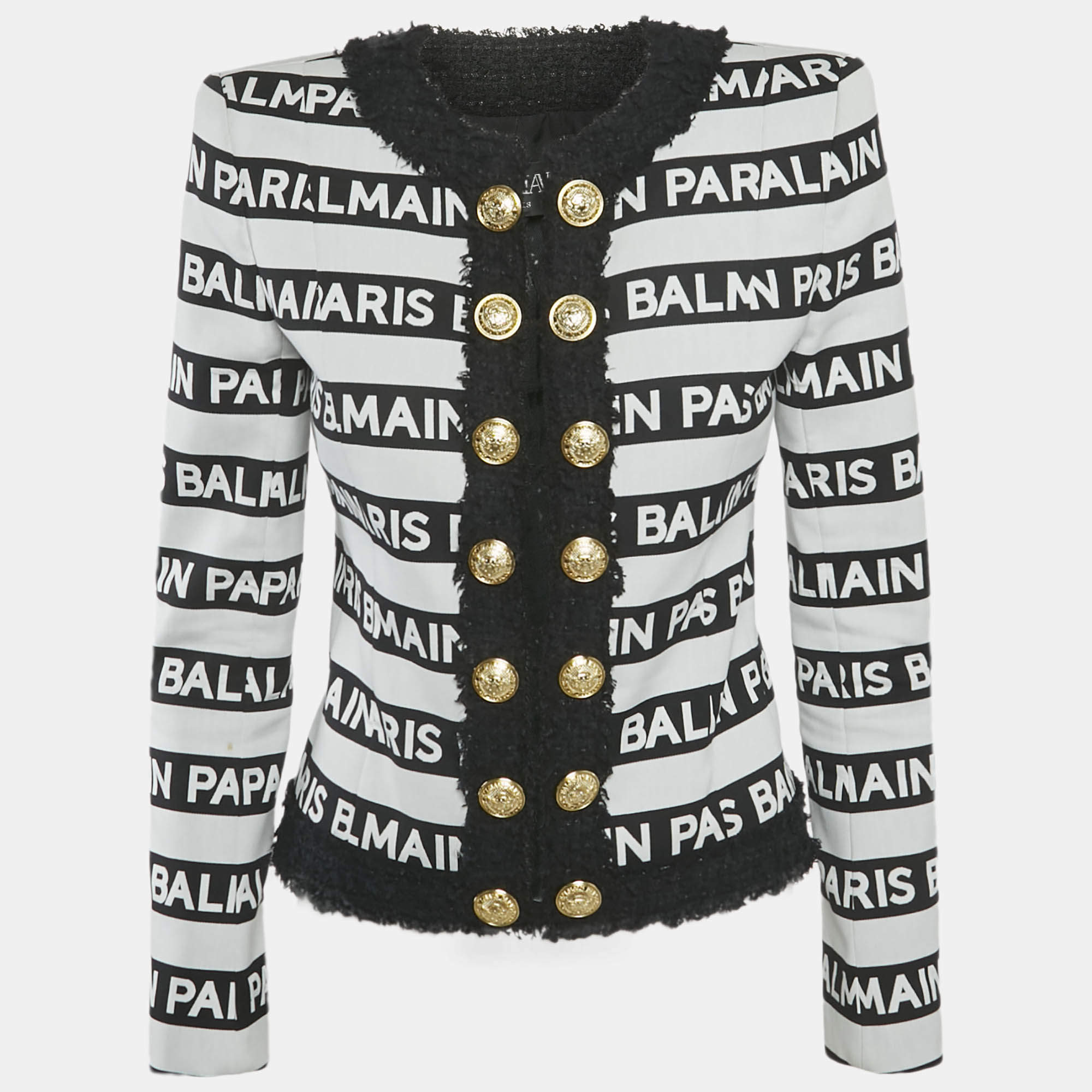 Pre Owned Balmain White/Black Striped Logo Cotton Tweed Trim Blazer M