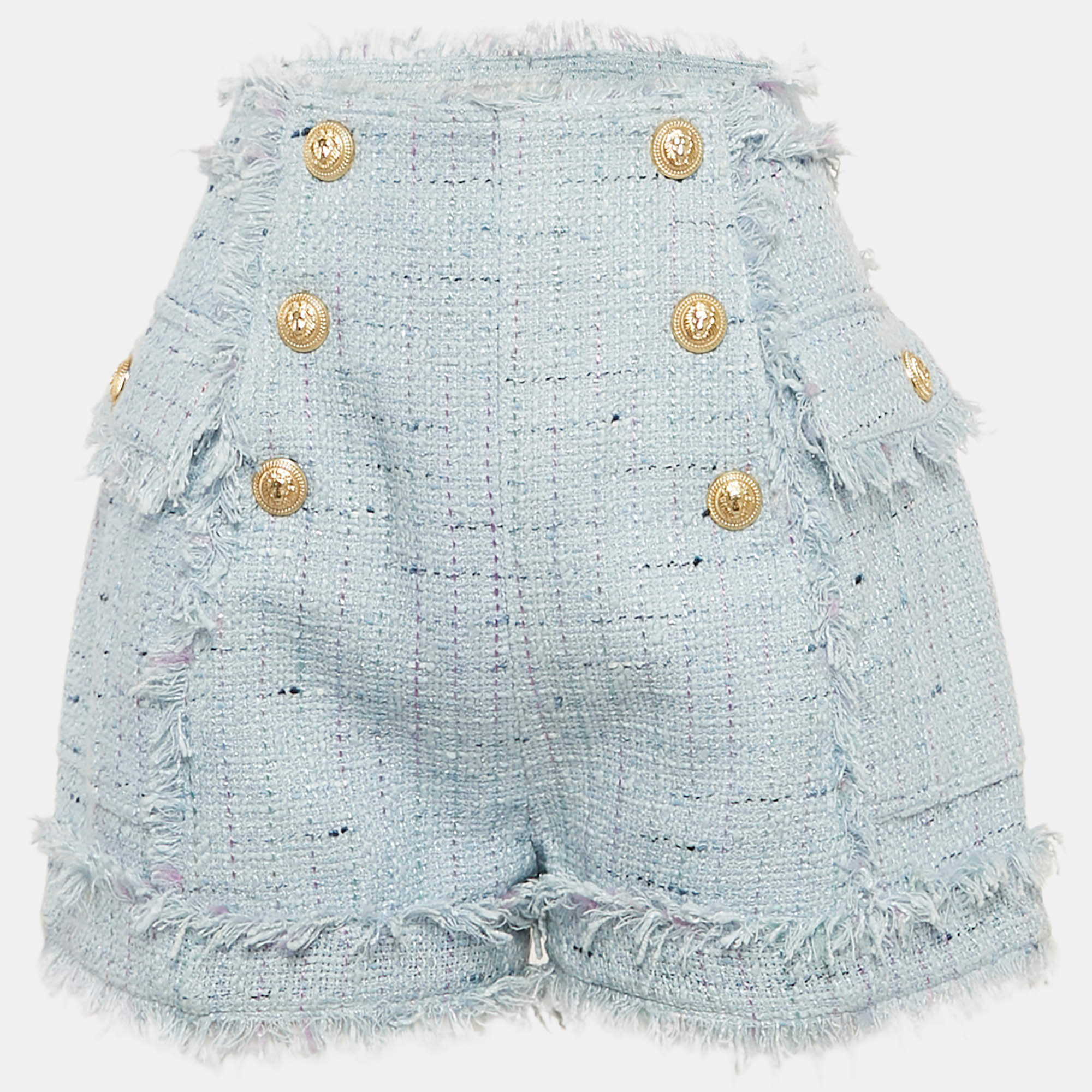 Balmain Blue Tweed Button Detail Fringed Shorts M