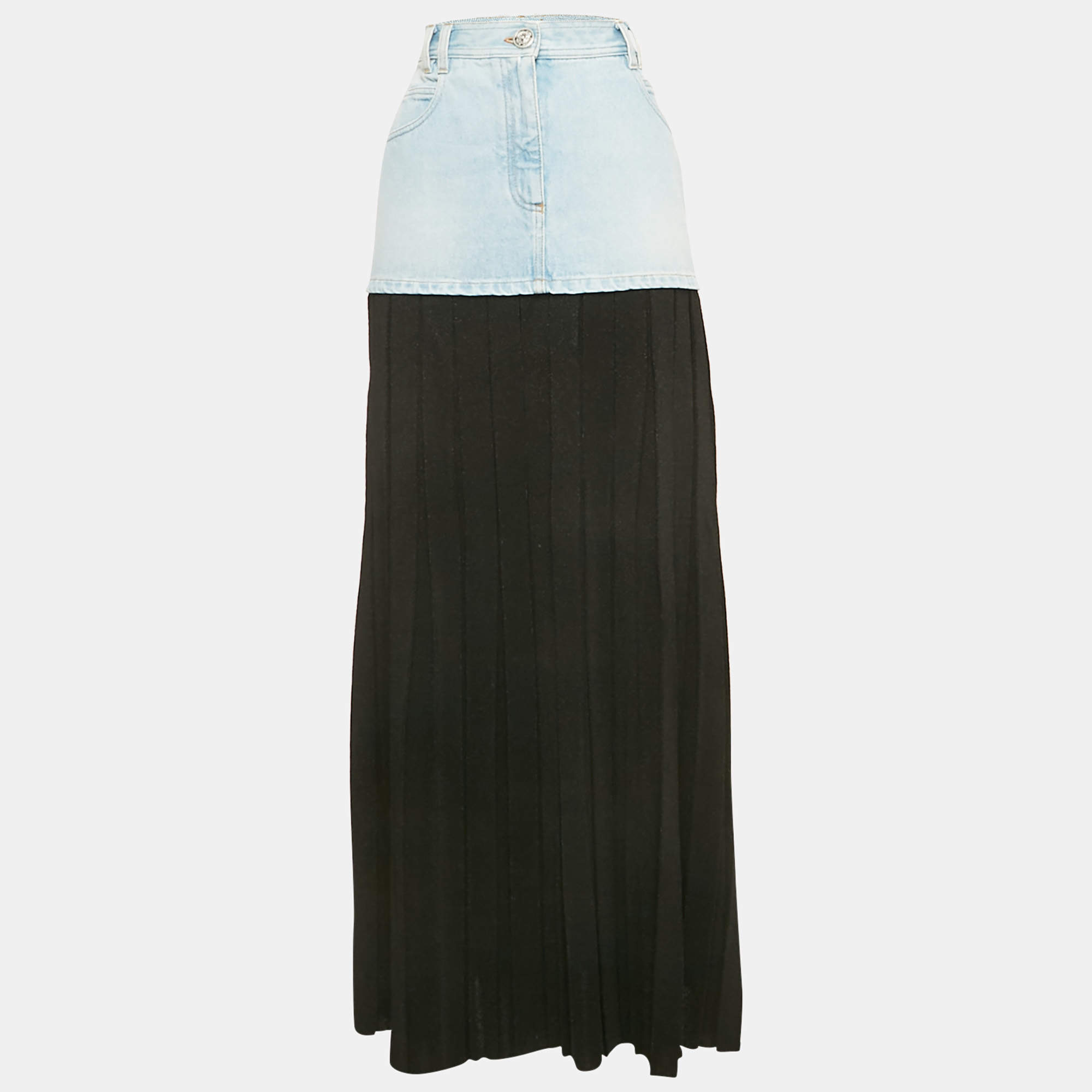 Balmain Blue/Black Denim and Lurex Knit Pleated Maxi Skirt M