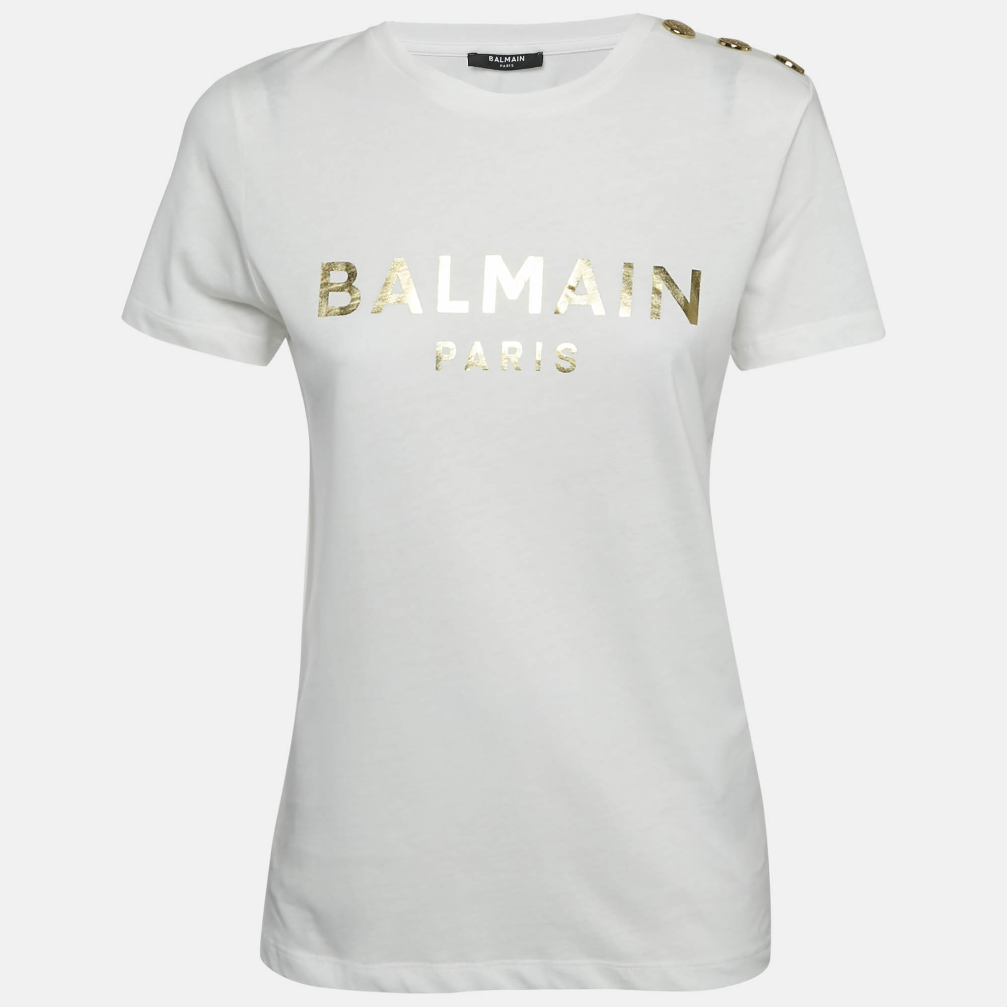 Balmain White Logo Print Cotton Button Detail T-Shirt XS