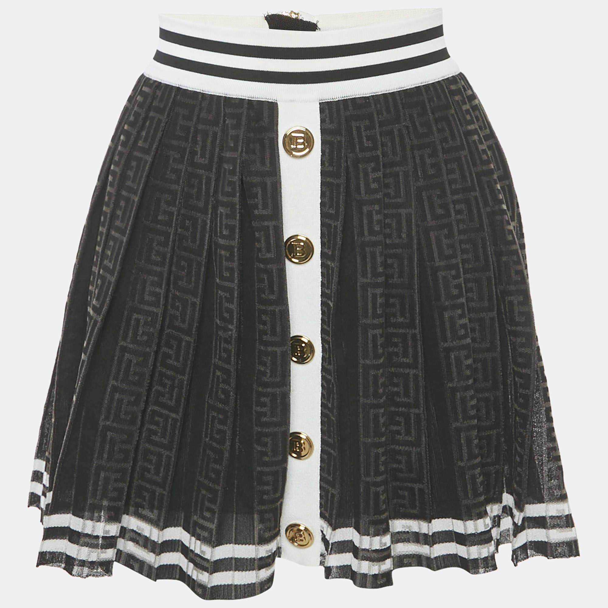 Balmain Black Monogram Mesh Pleated Mini Skirt S