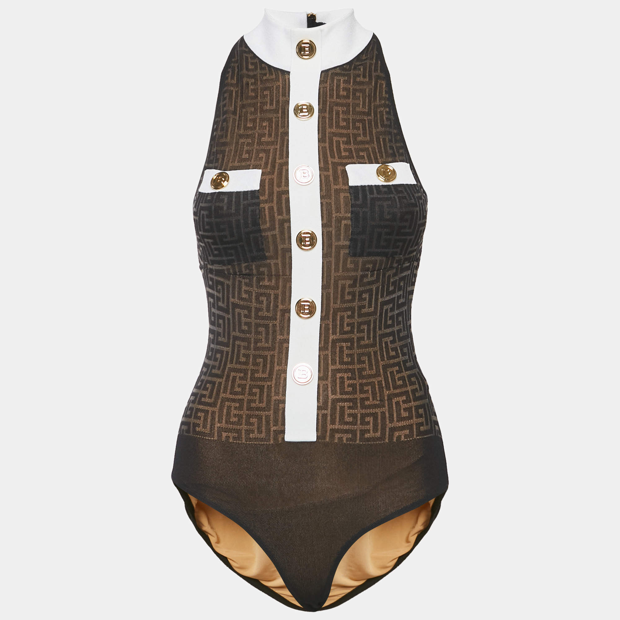 Balmain Black Monogram Mesh High Neck Bodycon Top S