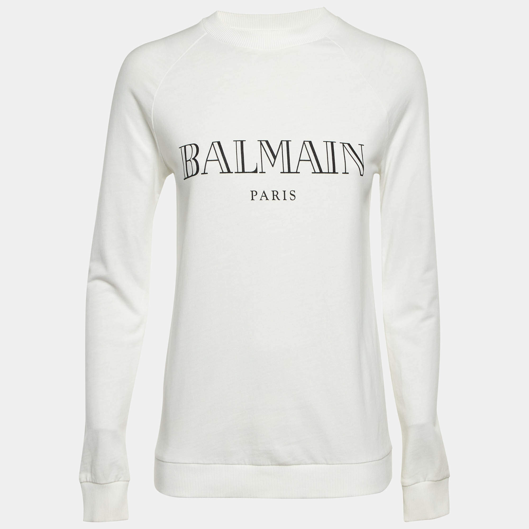 Pre Owned Balmain White Logo Print Cotton Crew Neck Sweatshirt S