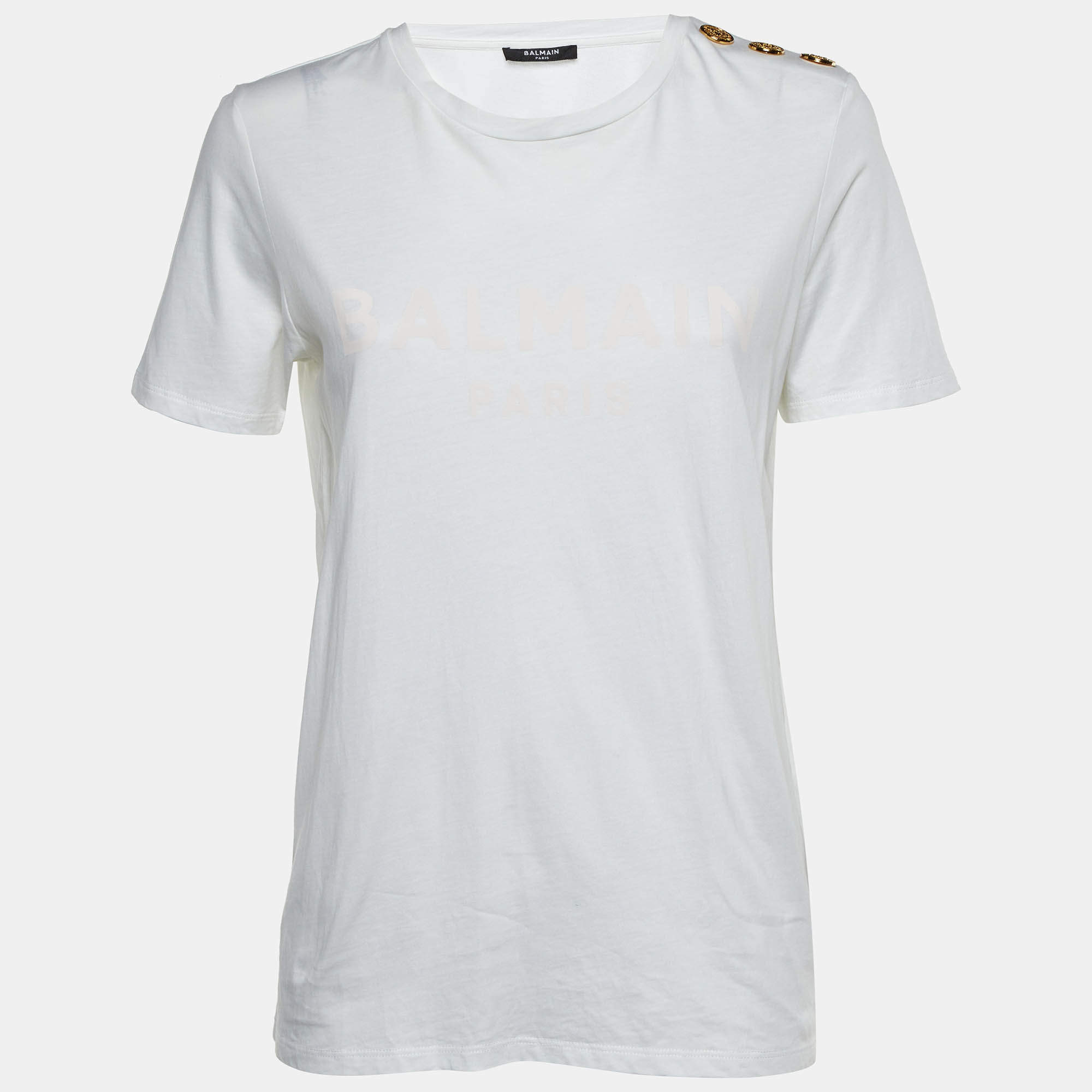Pre Owned Balmain White Logo Print Cotton Button Detail T-Shirt M 
