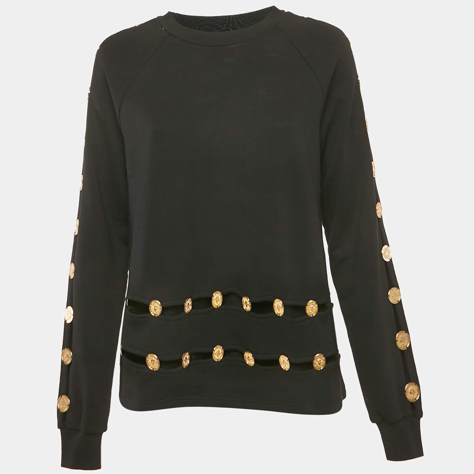Pre Owned Balmain Black Cotton Knit Coin Embellished Sweatshirt M
