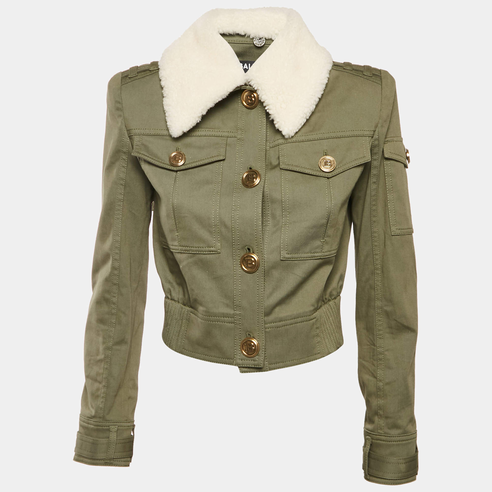 Pre Owned Balmain Green Shearling Collar Gabardine Crop Jacket S