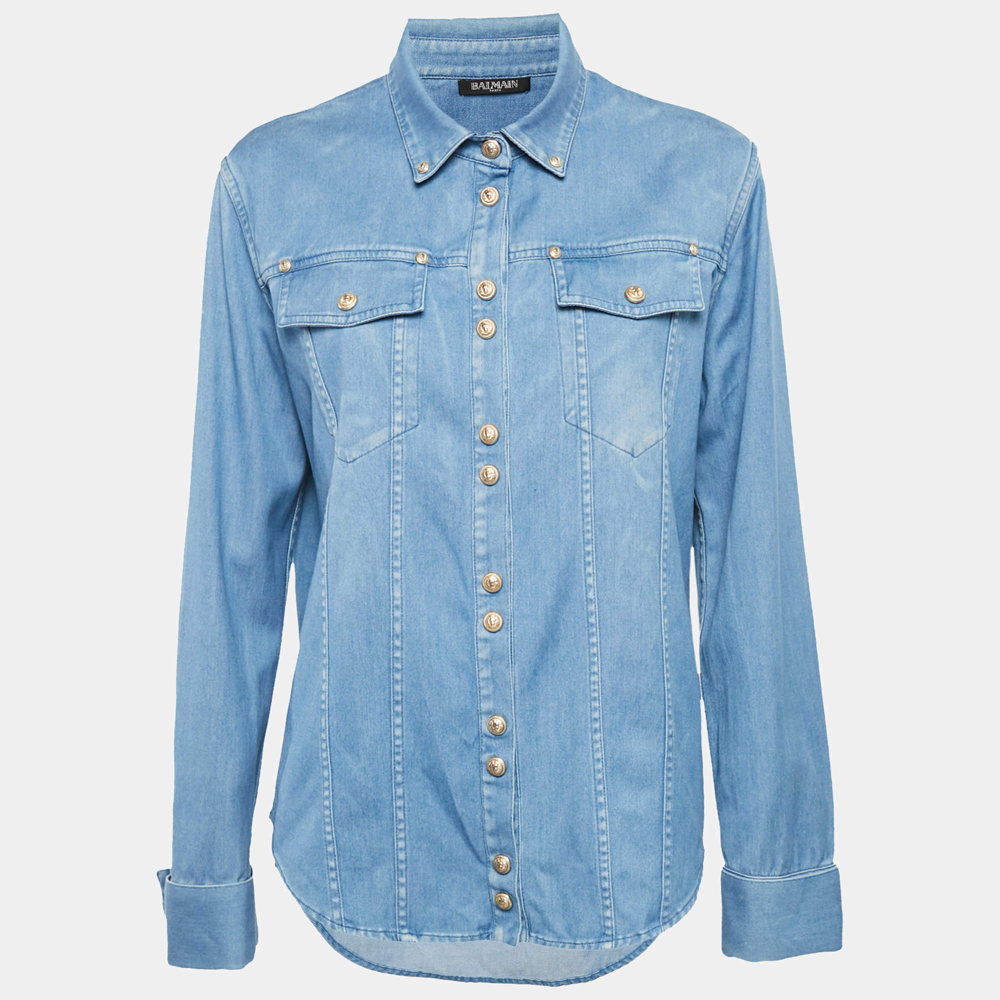 Pre Owned Balmain Blue Denim Gold Button Detail Long Sleeve Shirt L