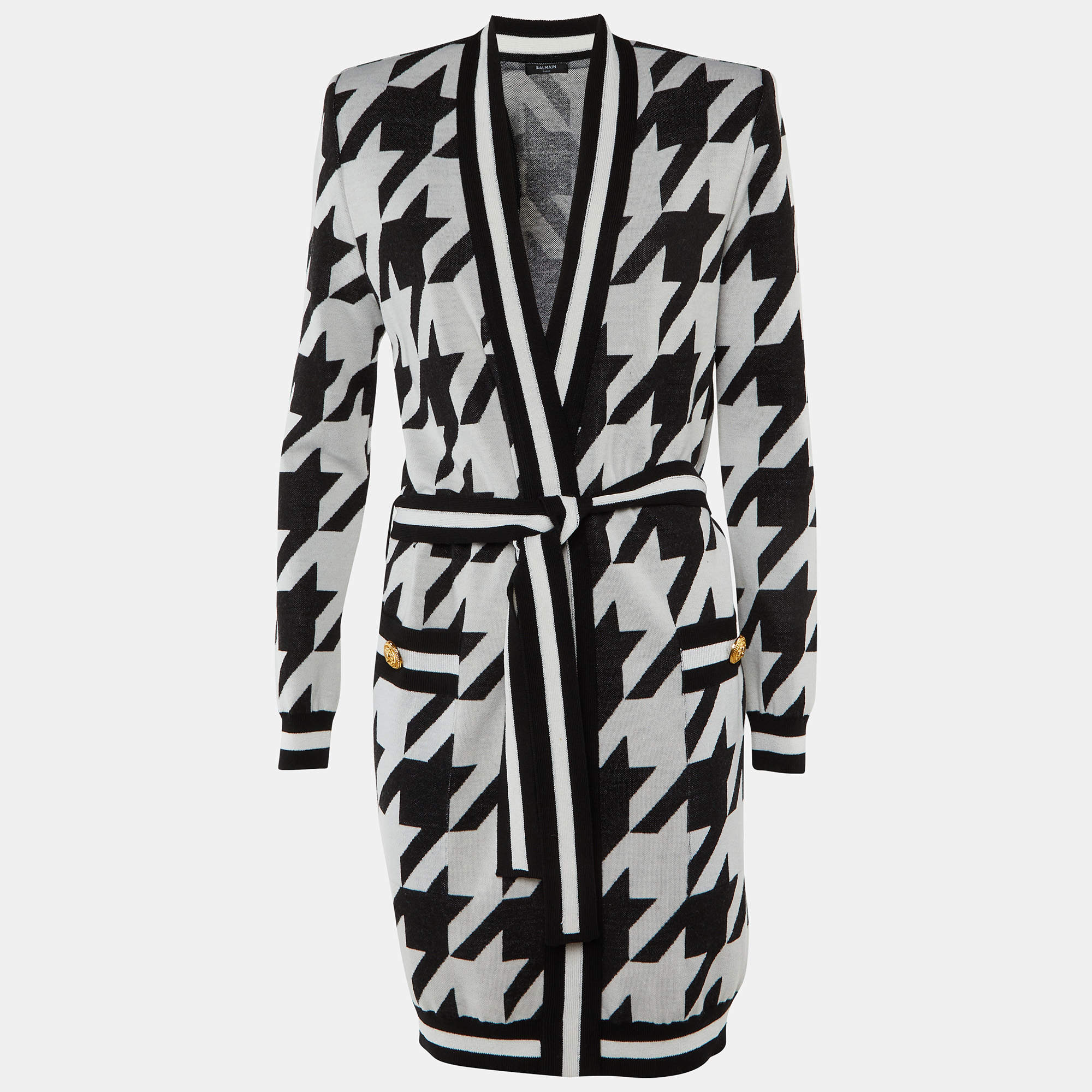Pre Owned Balmain Monochrome Houndstooth Belted Cardigan M