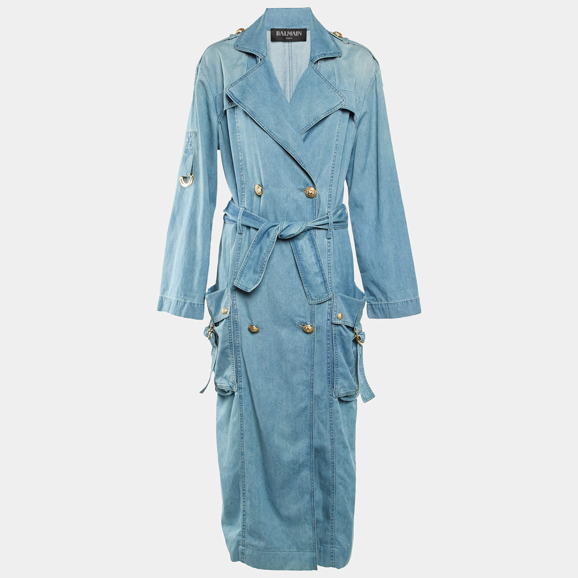 Pre Owned Balmain Blue Denim Double Breasted Belted Long Coat S