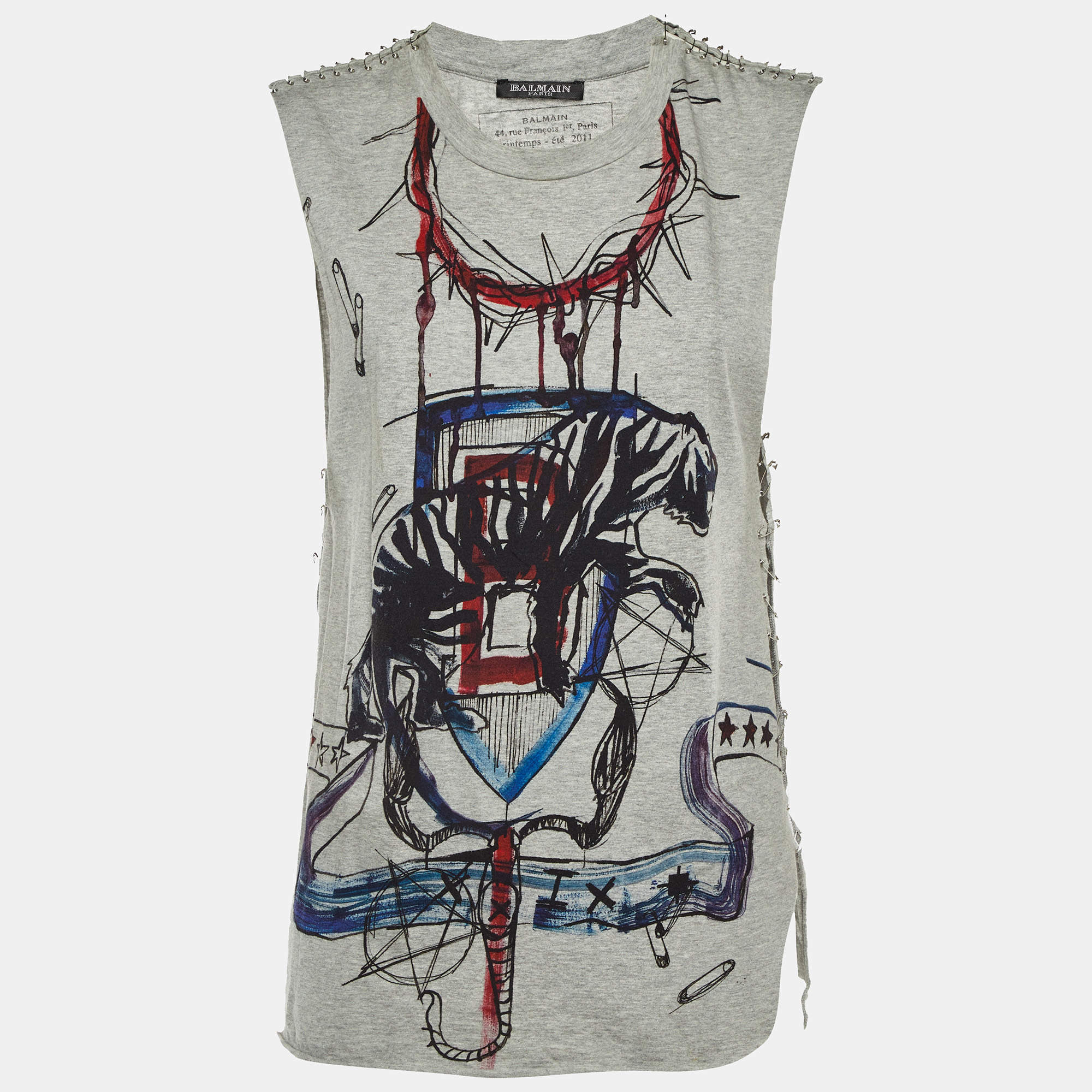 Pre Owned Balmain Grey Printed Cotton Knit Pin Detail T-Shirt M