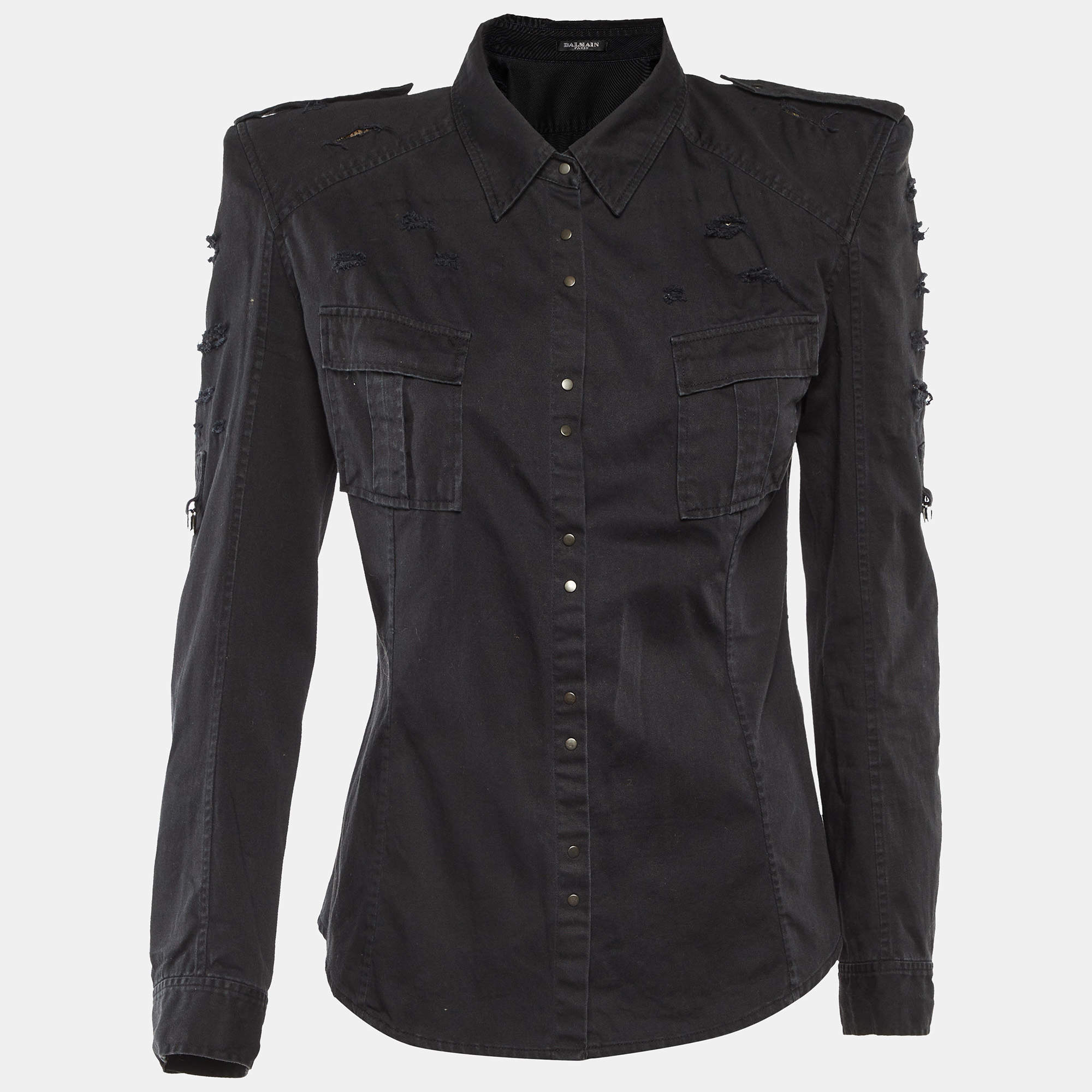 Pre Owned Balmain Black Cotton Distressed Button Front Shirt M