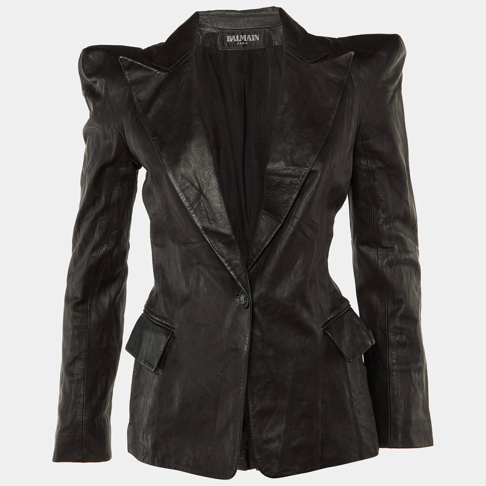 Pre Owned Balmain Black Leather Single Breasted Jacket M