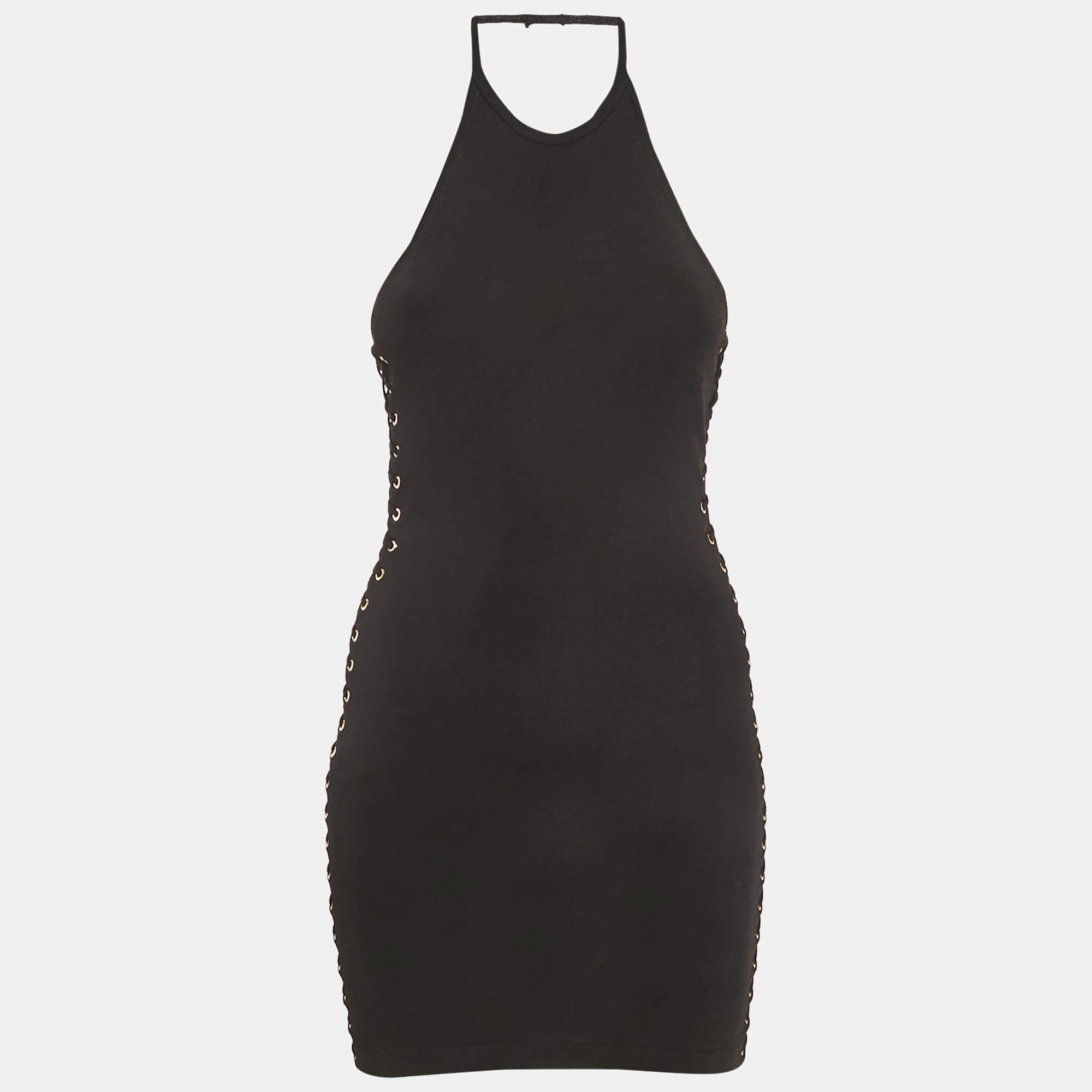 Pre Owned Balmain Black Knit Lace-Up Detail Halter Neck Mini Dress XS
