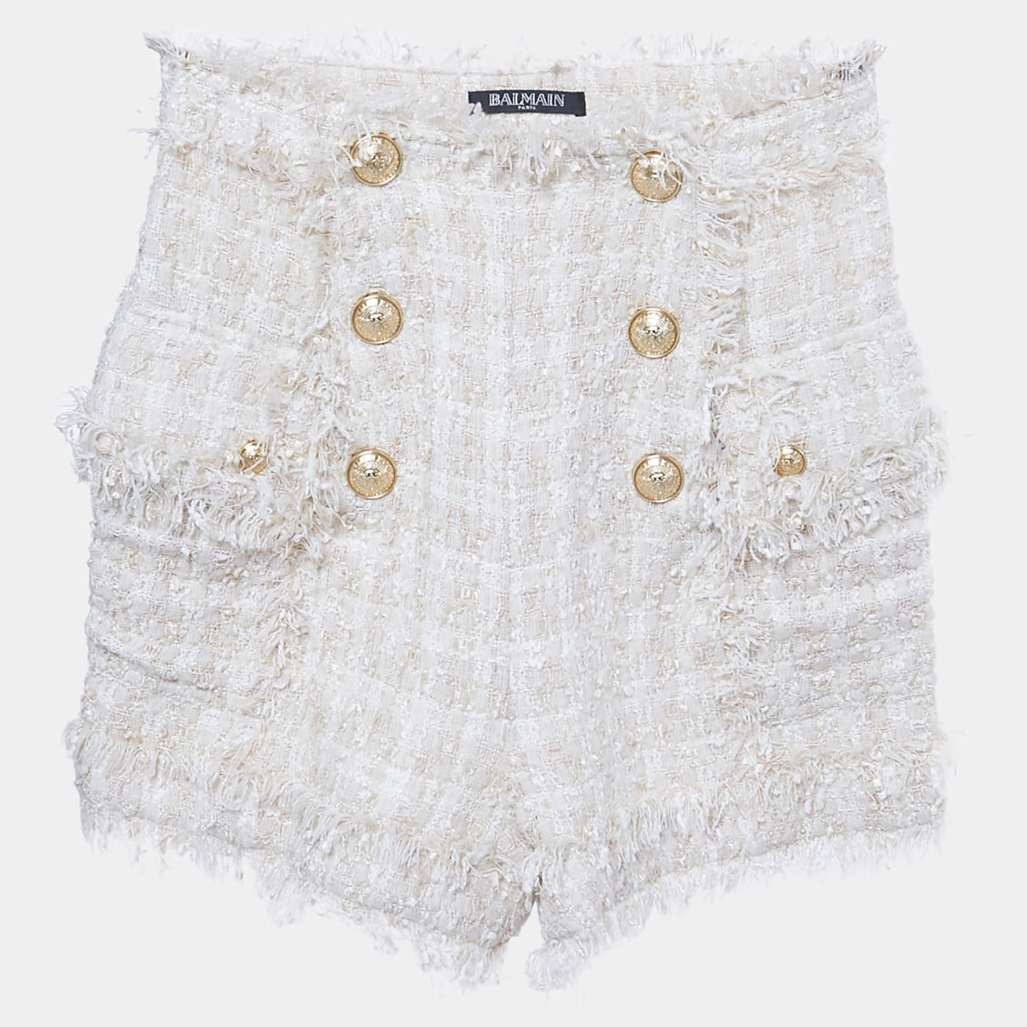Pre Owned Balmain Cream Tweed Raw Edge Detail Shorts S
