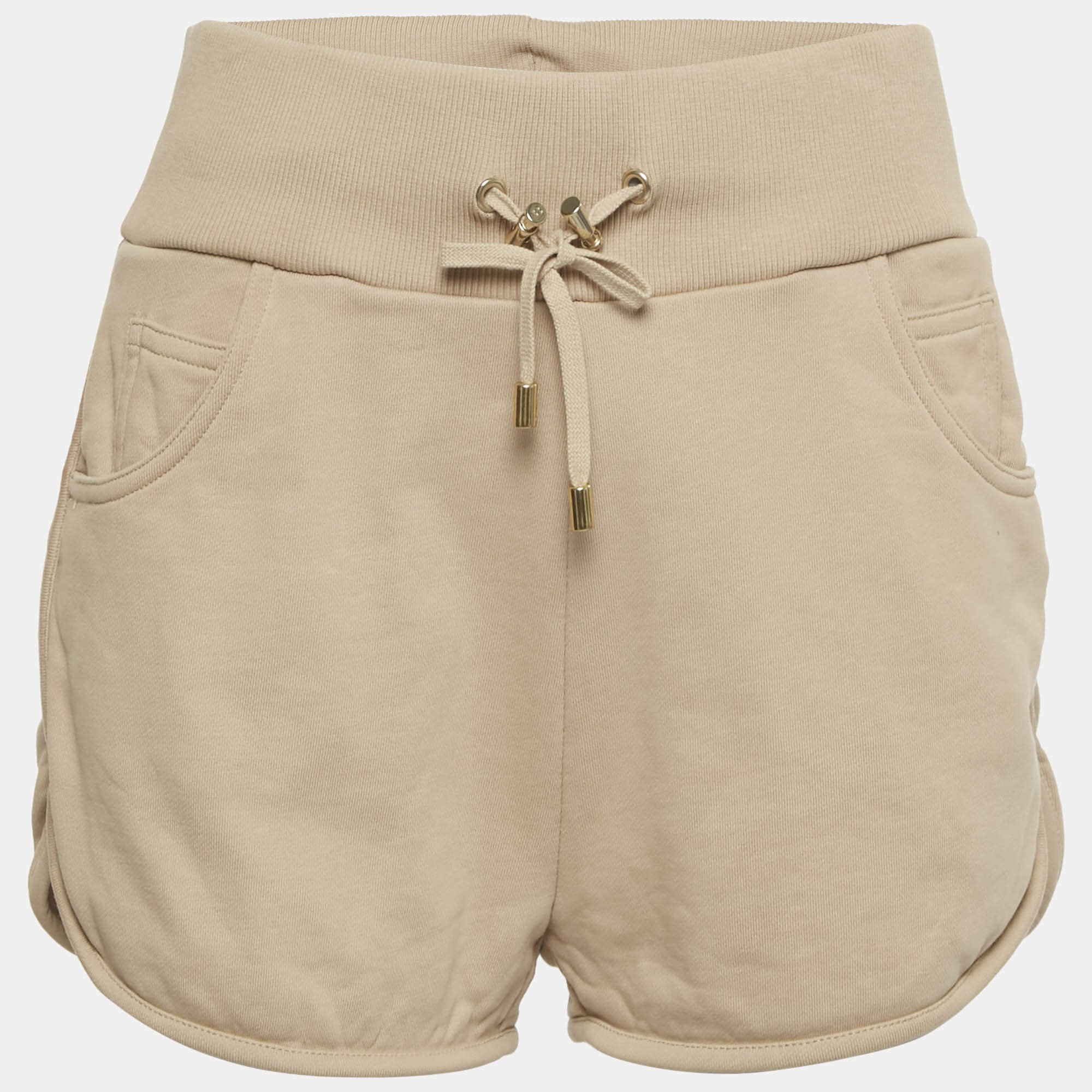 Pre Owned Balmain Beige Logo Print Cotton Knit Shorts M