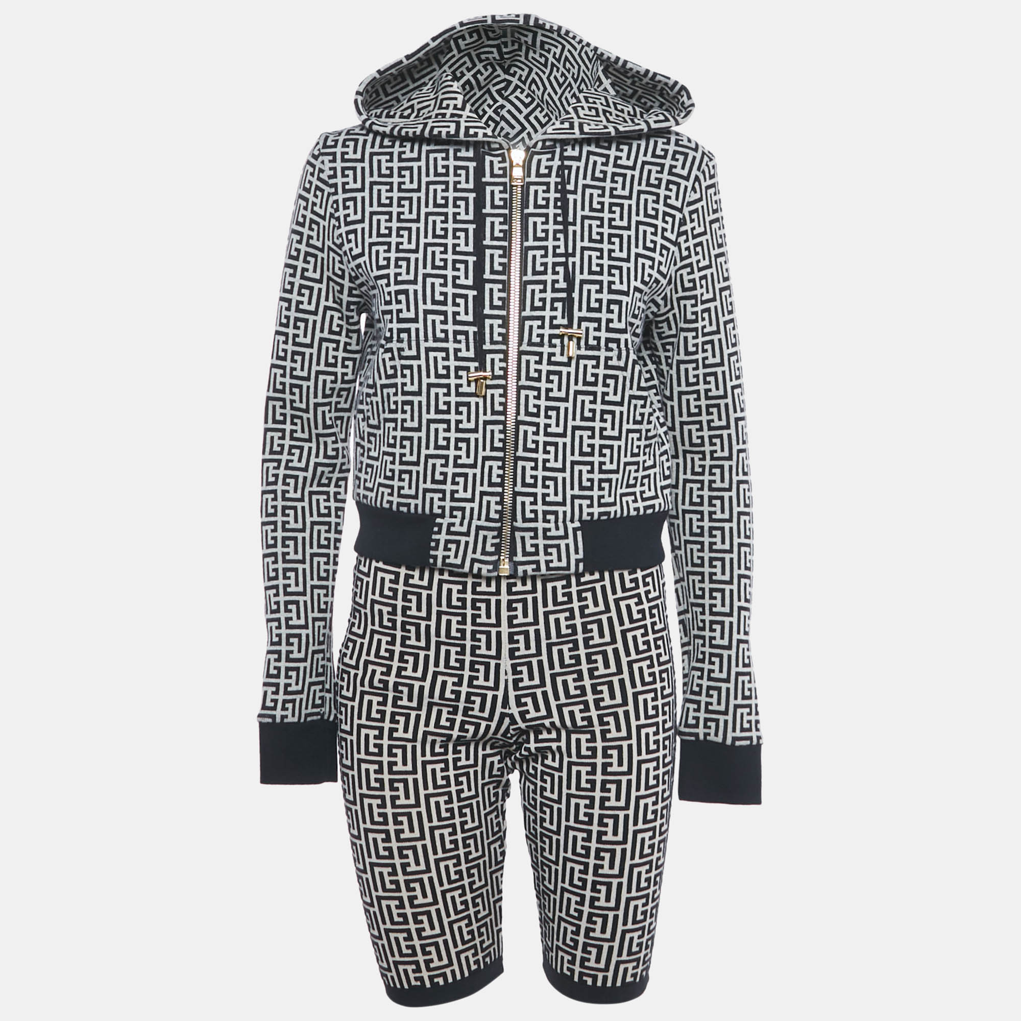 Pre Owned Balmain Monochrome Monogram Jersey Jacket and Shorts Set S/M