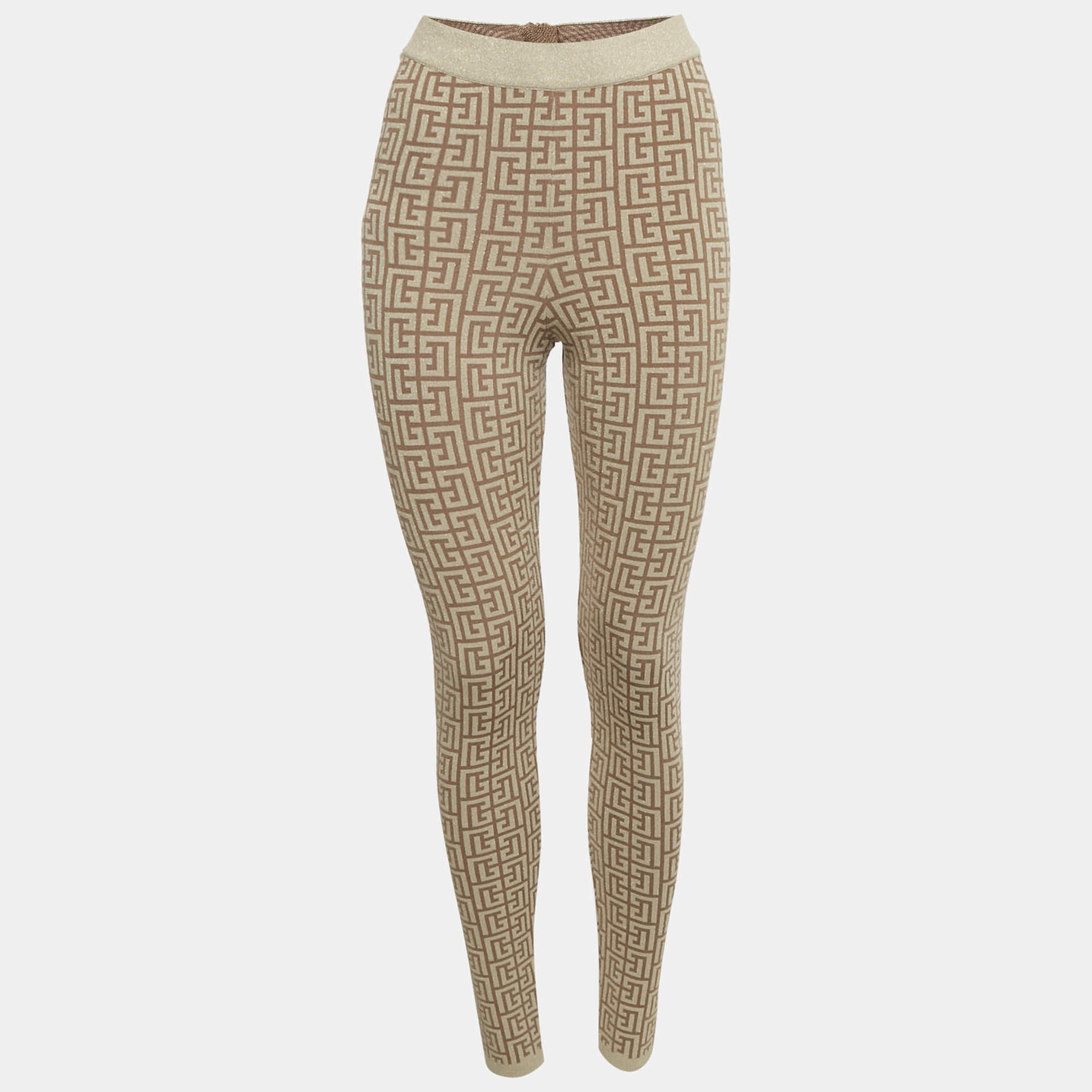 Pre Owned   Balmain Brown Monogram Jacquard Lurex Leggings S