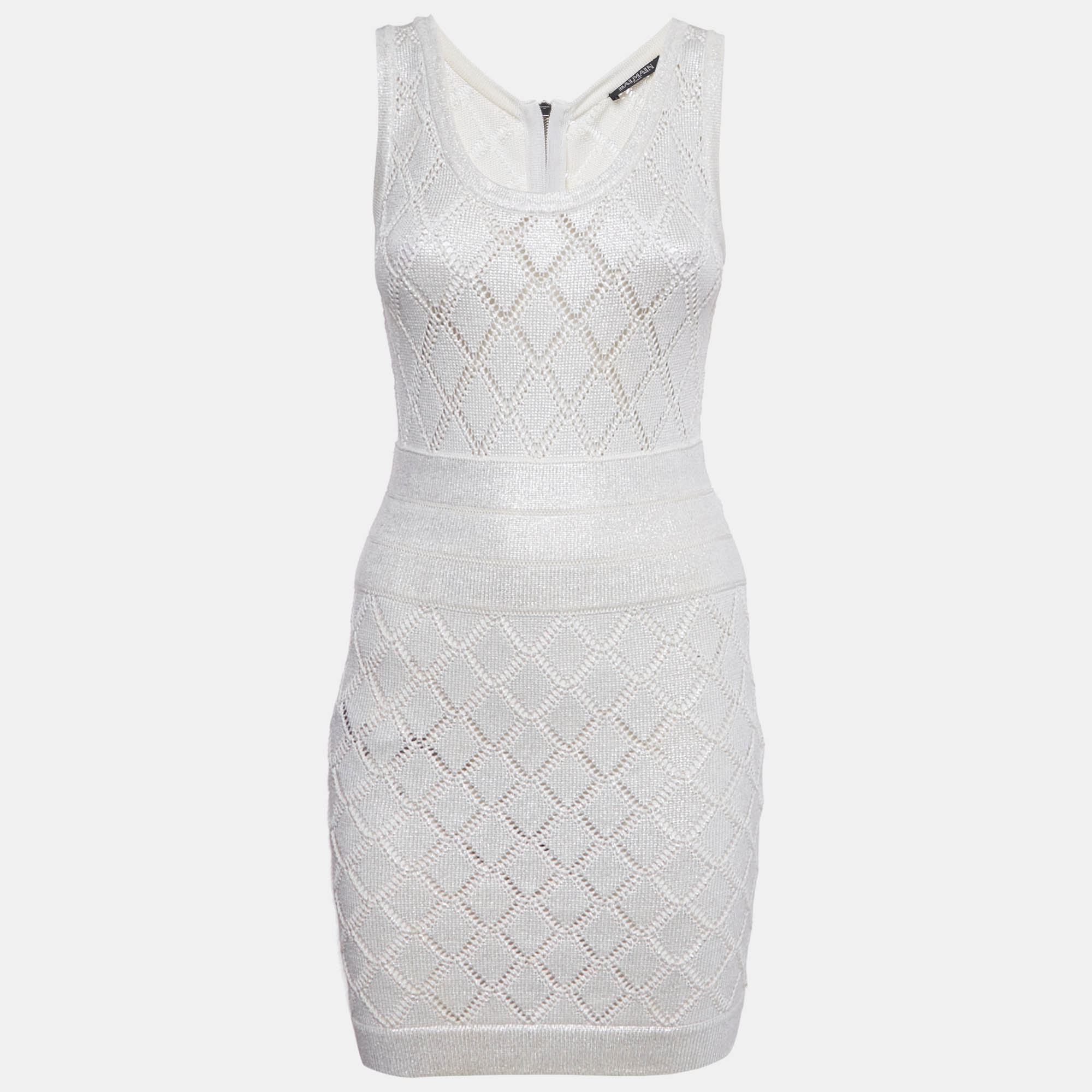 Pre Owned Balmain Ivory Lurex Knit Sleeveless Mini Dress S