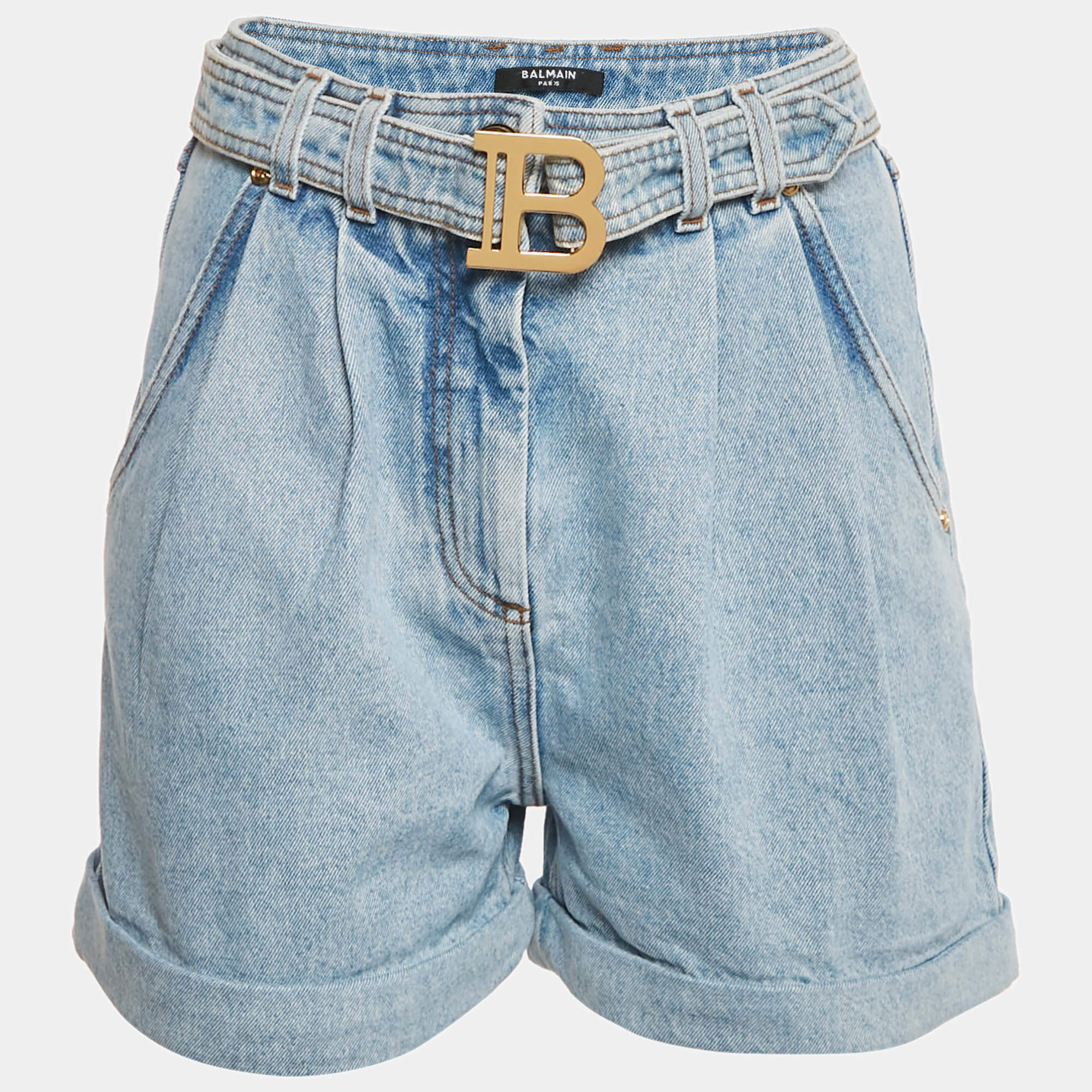 Pre Owned Balmain Blue Logo Detail Belt Denim Short M