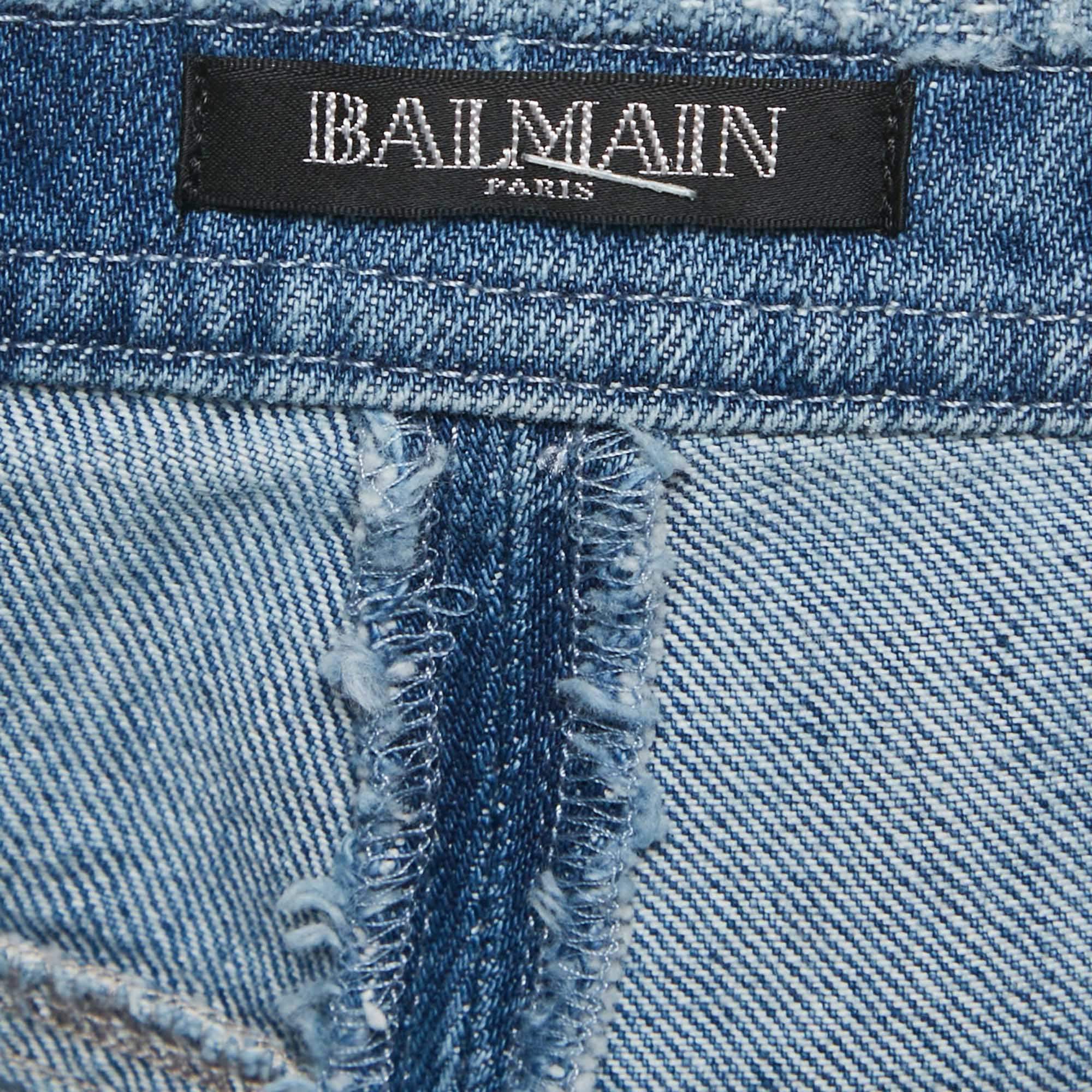 Pre Owned Balmain Blue Distressed Denim Button Detail Shorts M