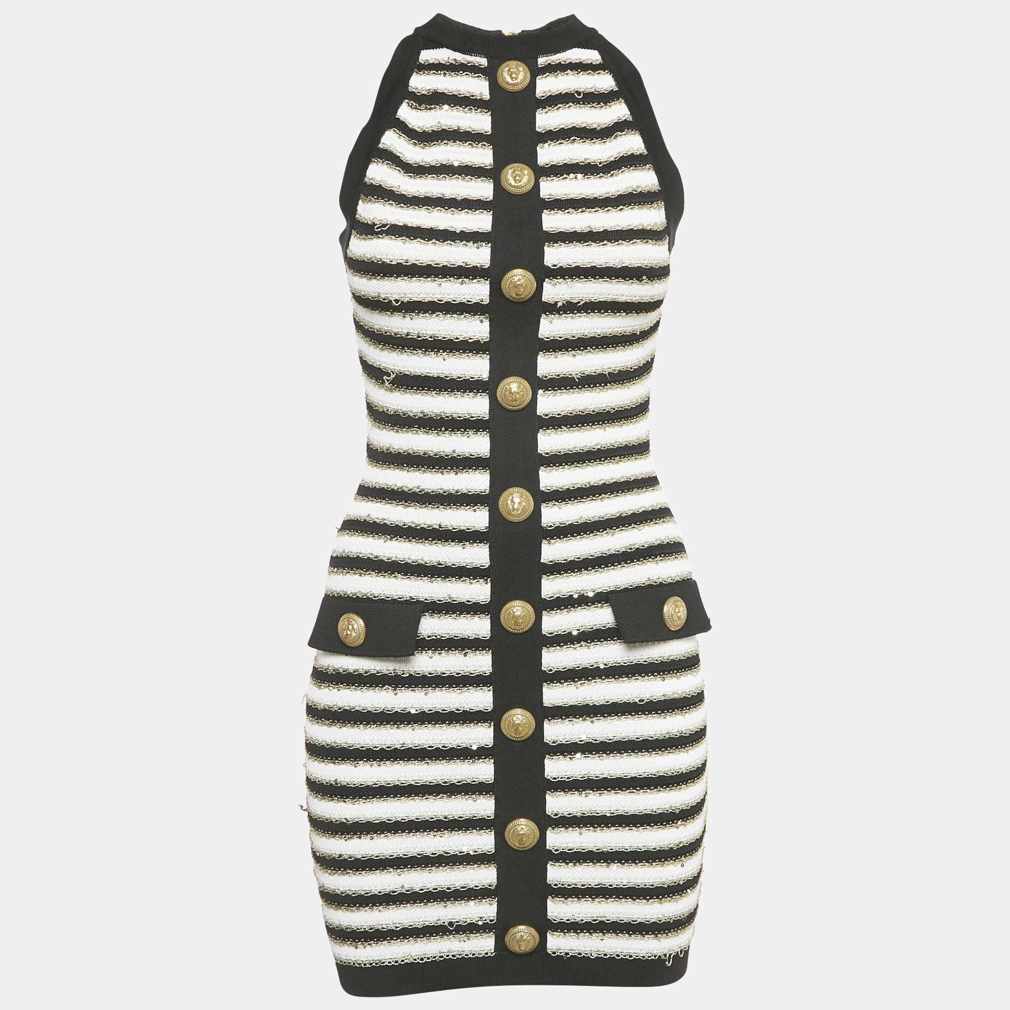 Pre Owned Balmain Black/ White Striped Rib Knit Mini Bodycon Dress S