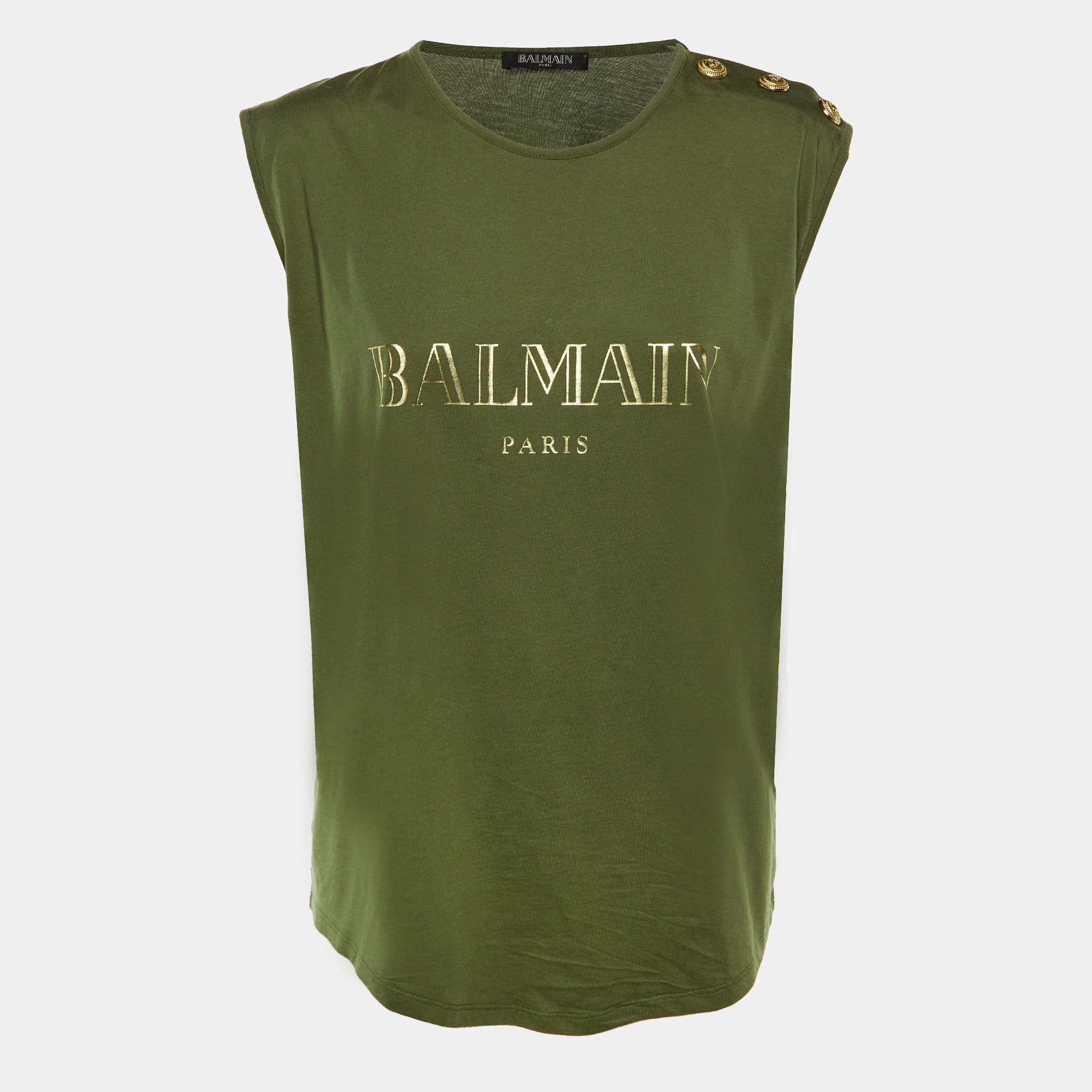 Pre Owned Balmain Olive Green Logo Print Cotton Sleeveless T-Shirt L