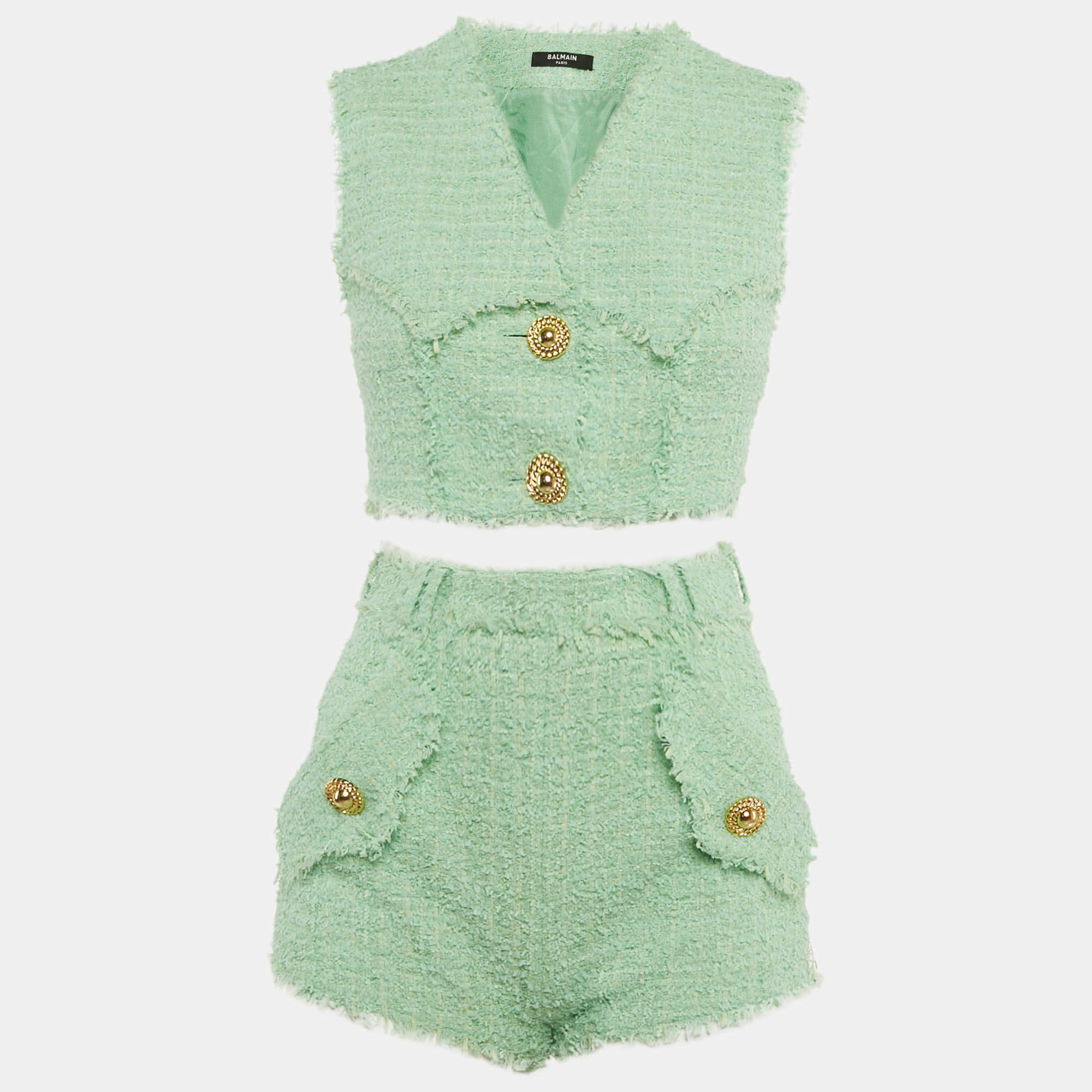 Pre Owned Balmain Green Tweed Crop Top & Mini Shorts Set S