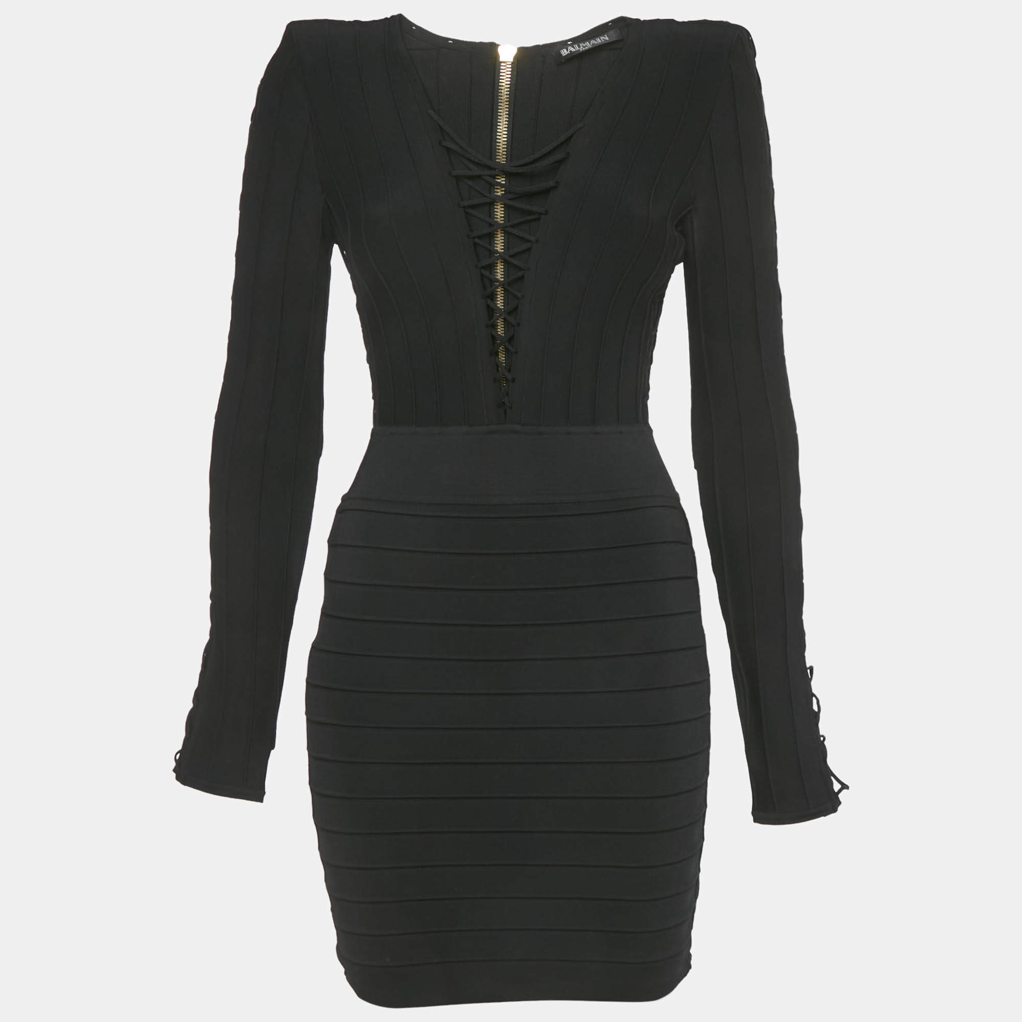 Pre Owned Balmain Black Knit Lace-Up Long Sleeve Mini Dress S