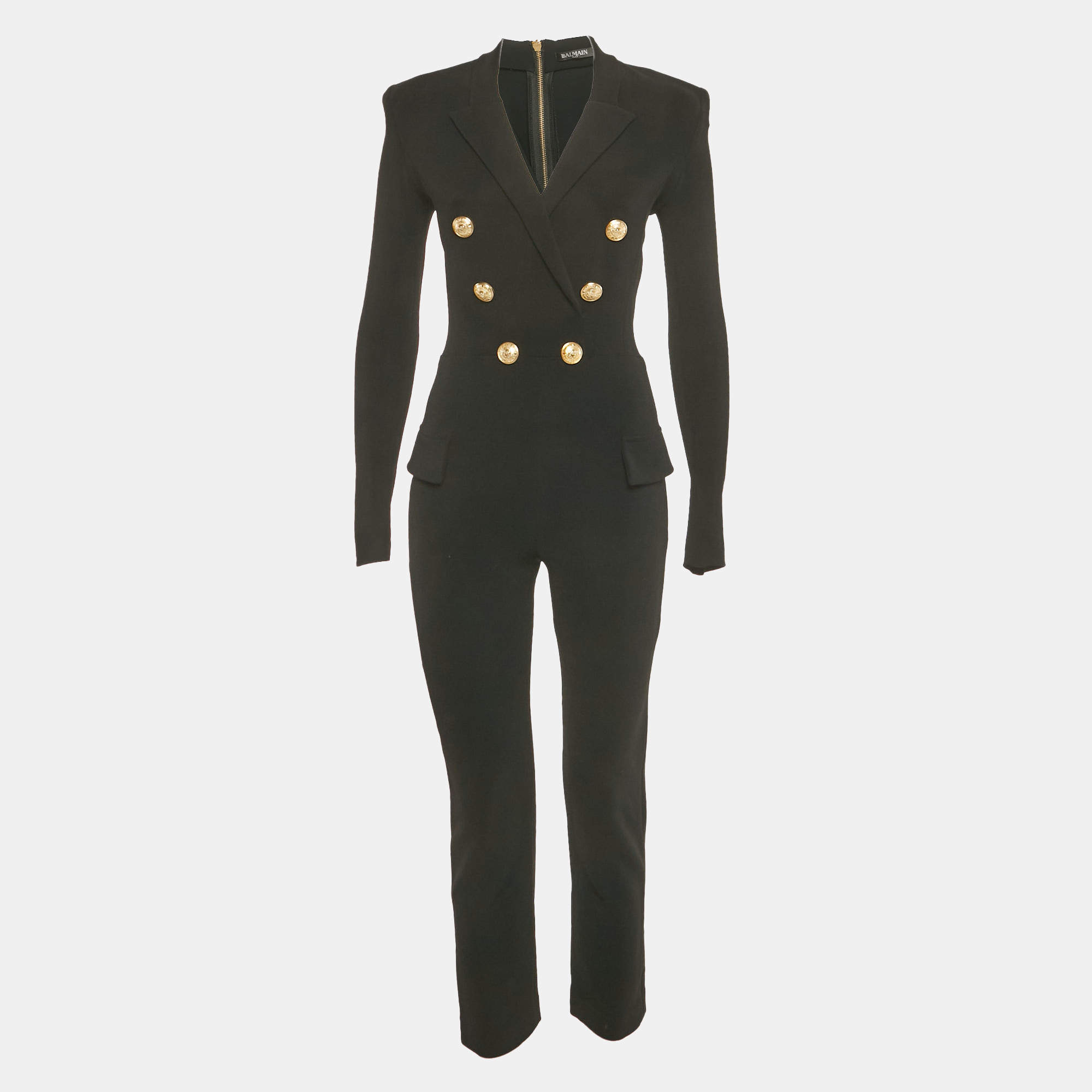Pre Owned Balmain Black Double Breasted Jersey Tailored Jumpsuit S