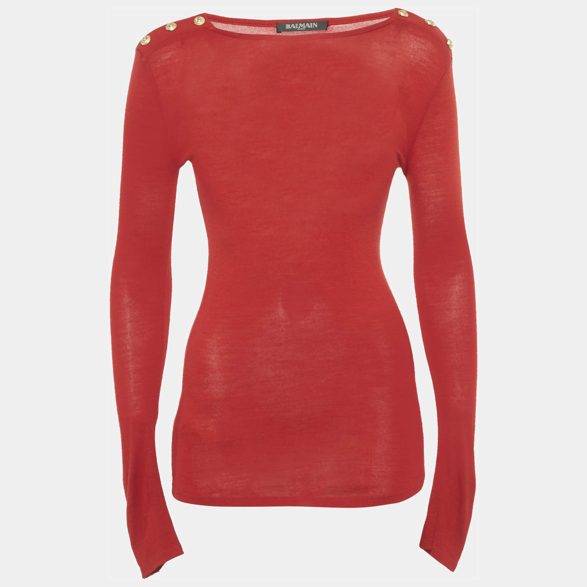 Pre Owned Balmain Red Wool Button Detail Long Sleeve Sweater S