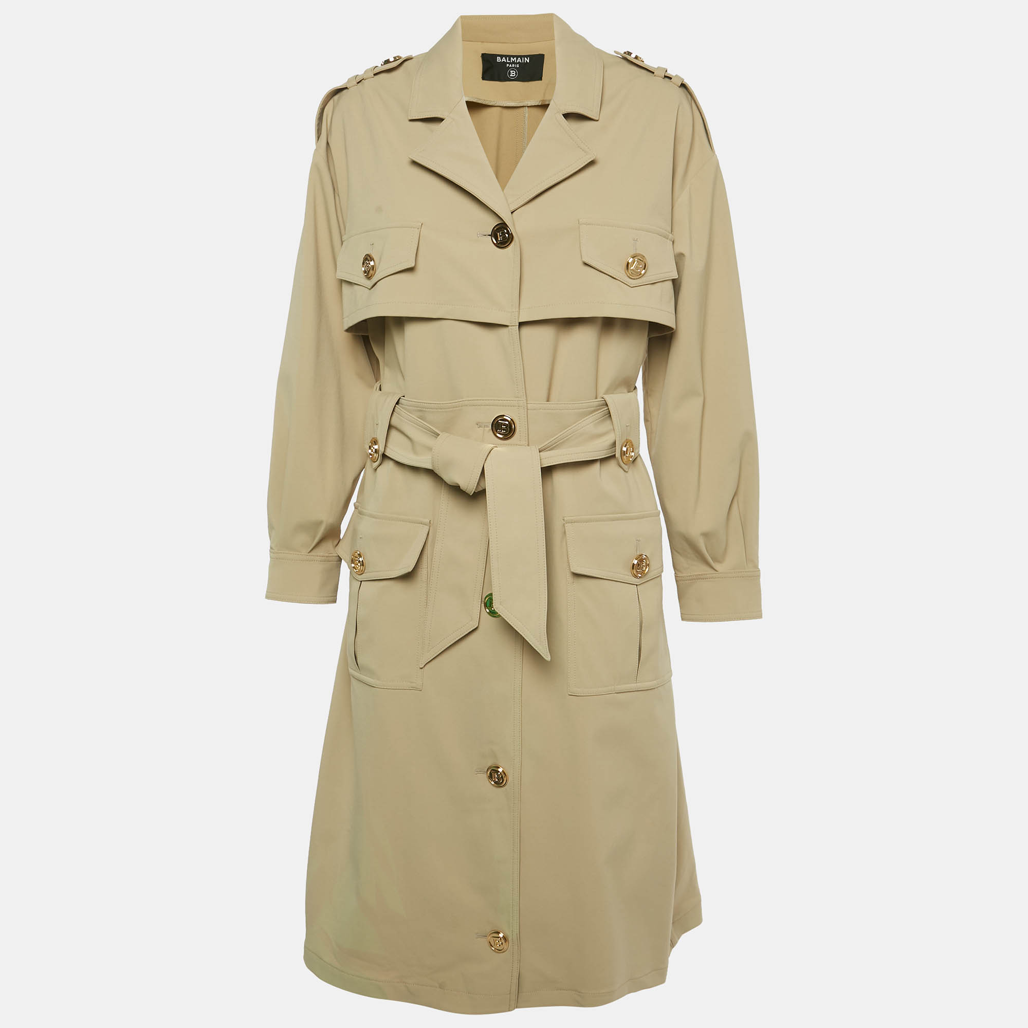 Pre Owned Balmain Beige Gabardine Belted Trench Coat S