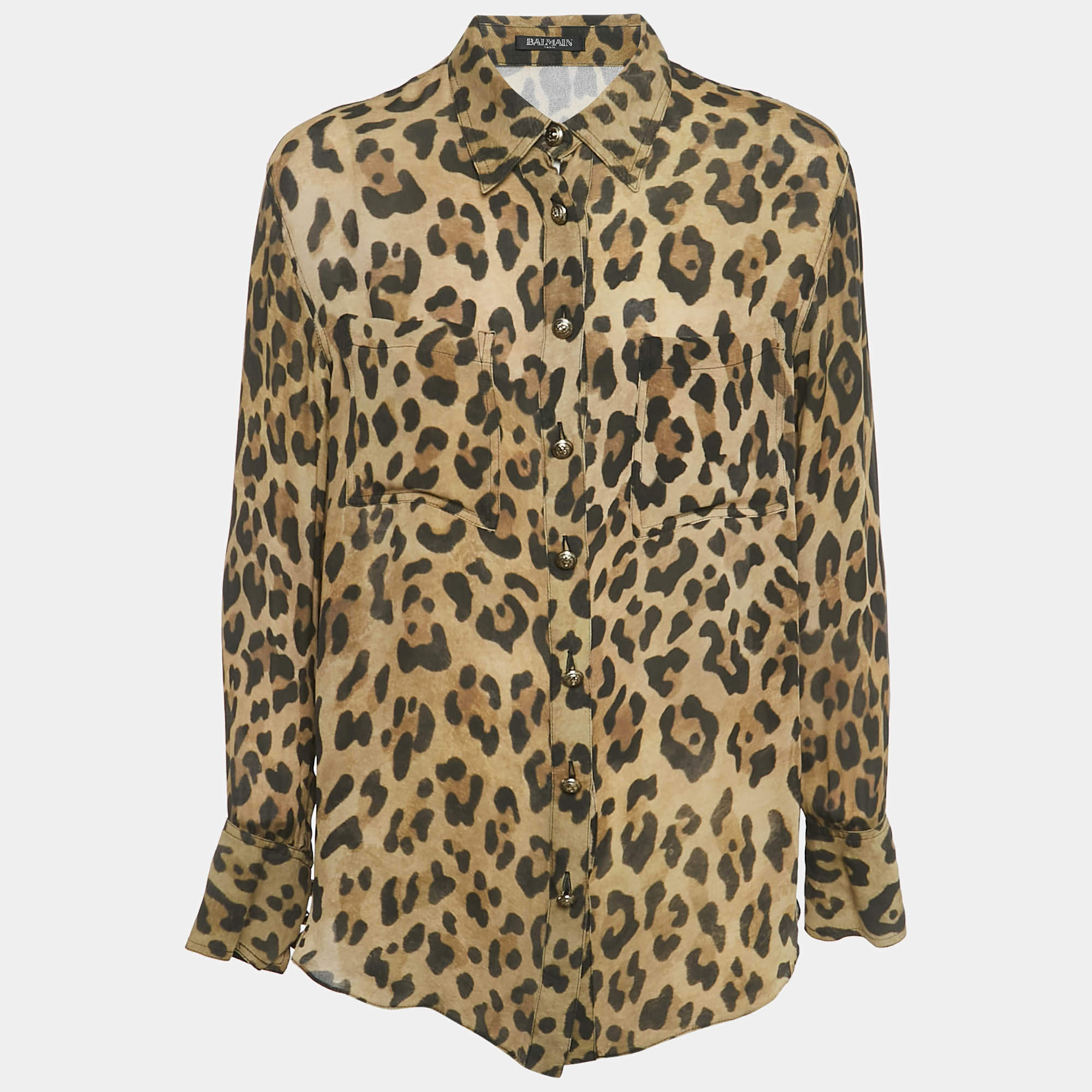 Pre Owned Balmain Brown Leopard Print Crepe Button Front Shirt L
