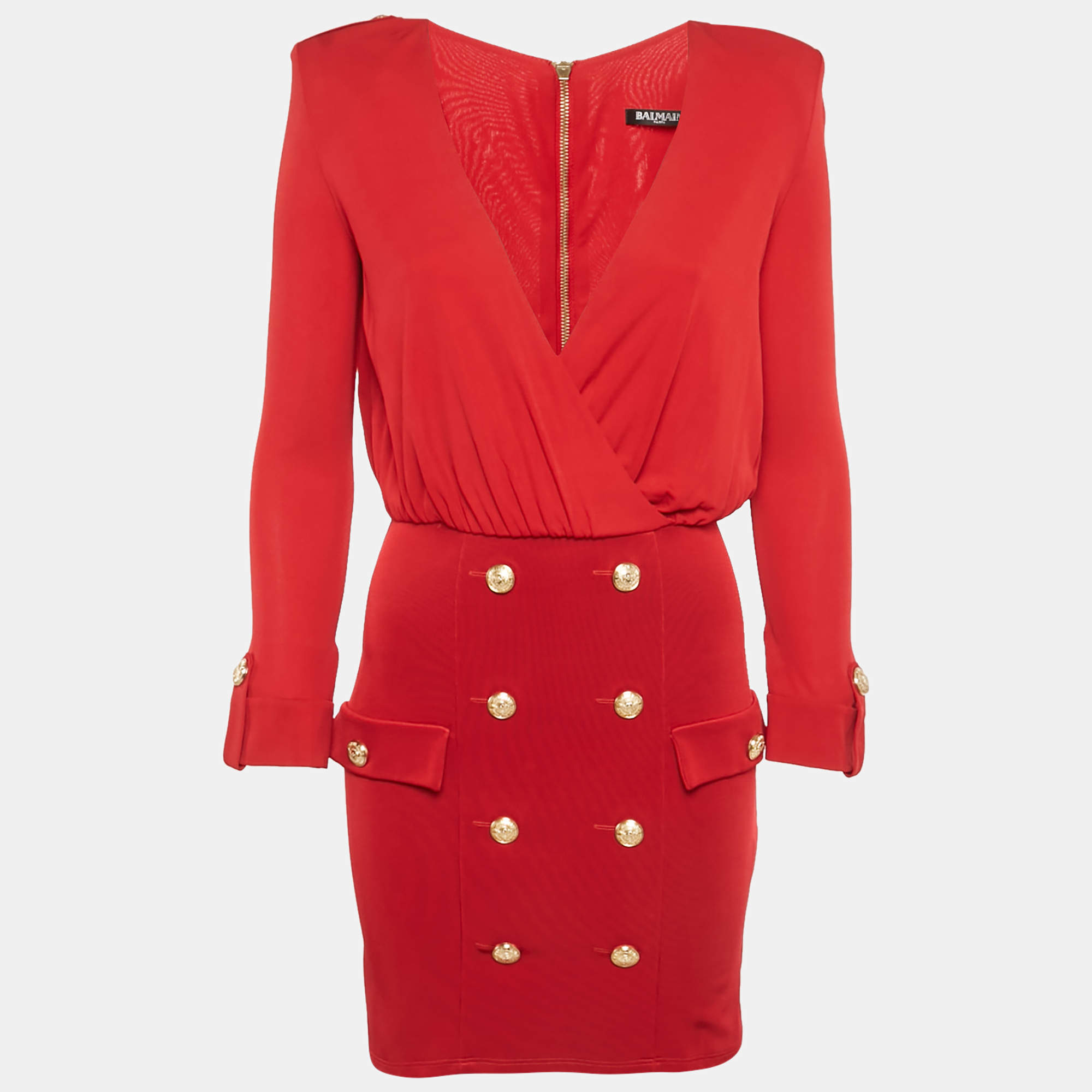 Pre Owned Balmain Red Jersey & Knit Plunge Neck Button Detailed Mini Dress S