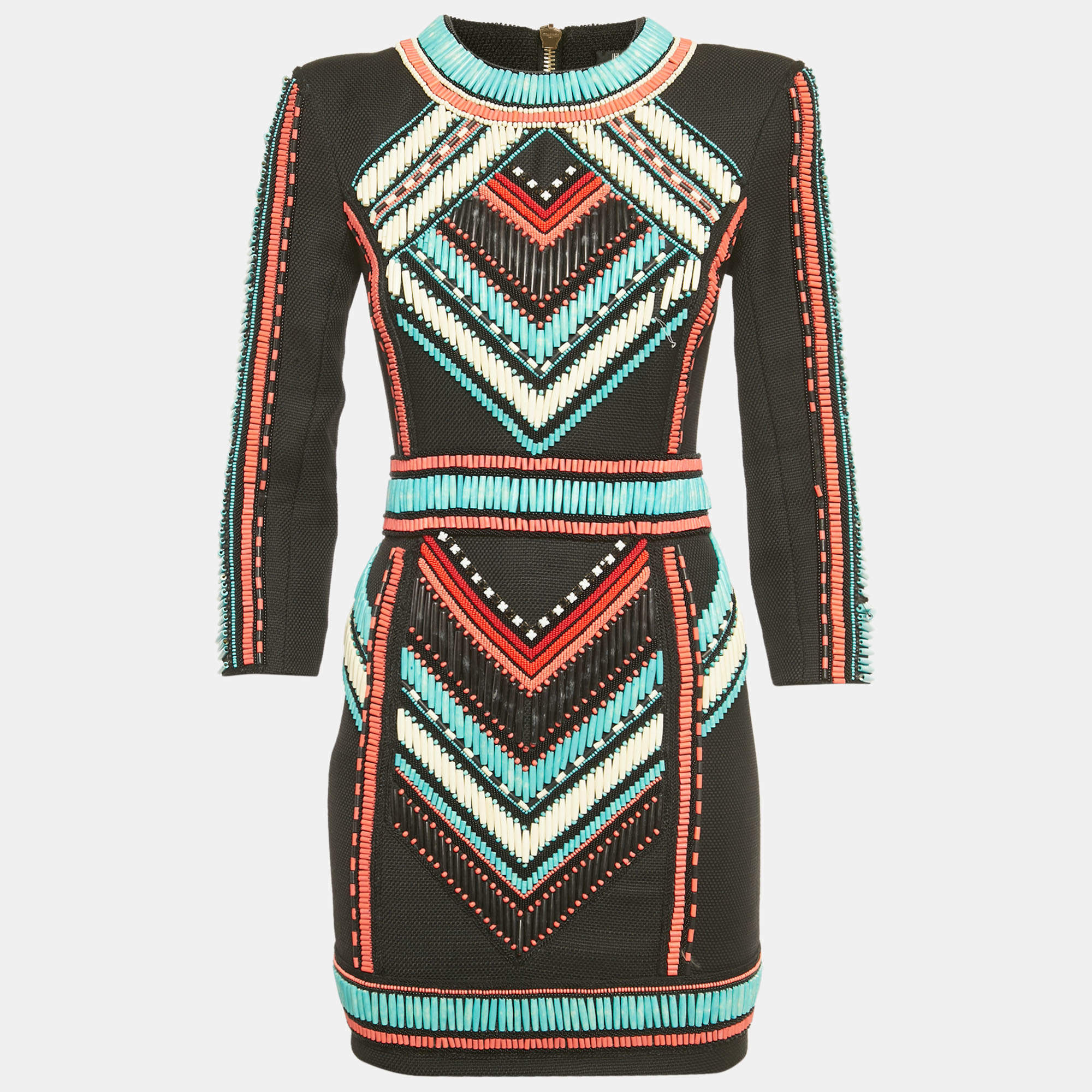 Pre Owned Balmain Black Beaded Canvas Mini Dress S