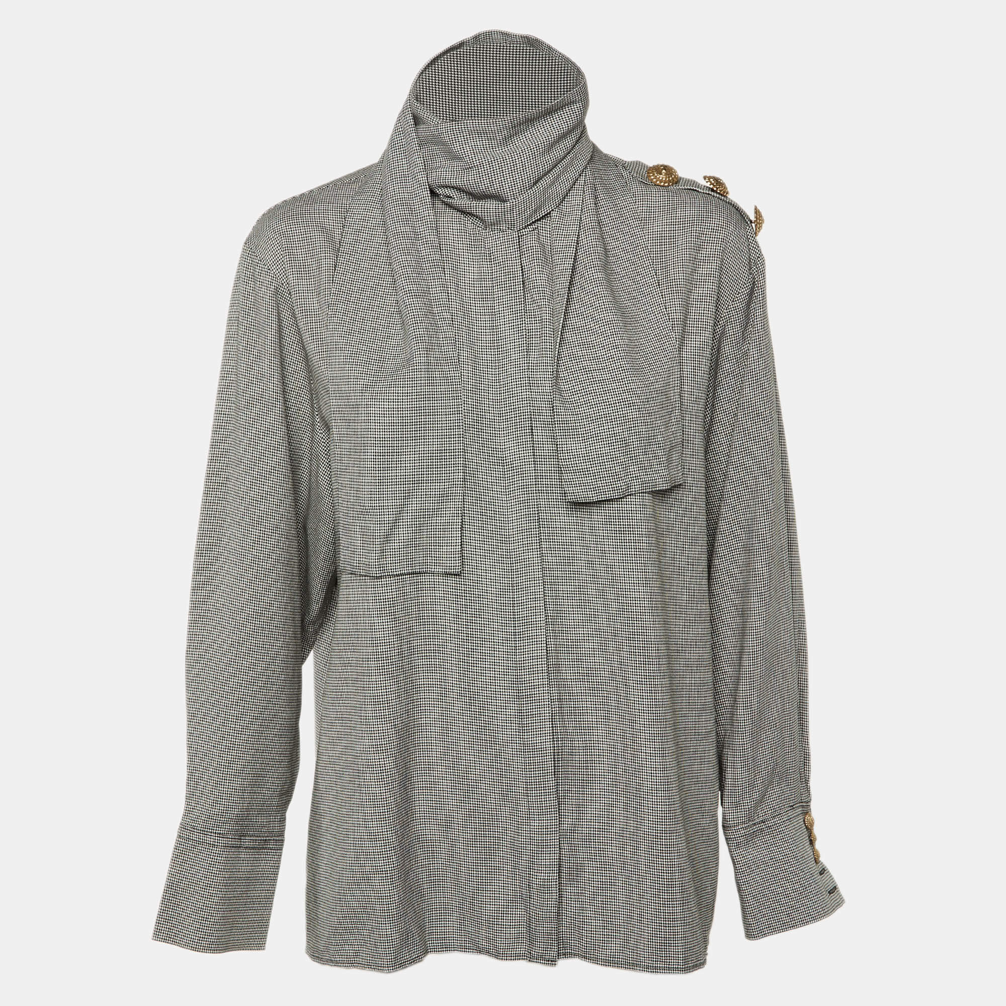 Pre Owned Balmain Monochrome Houndstooth Pattern Crepe Tie Neck Shirt L