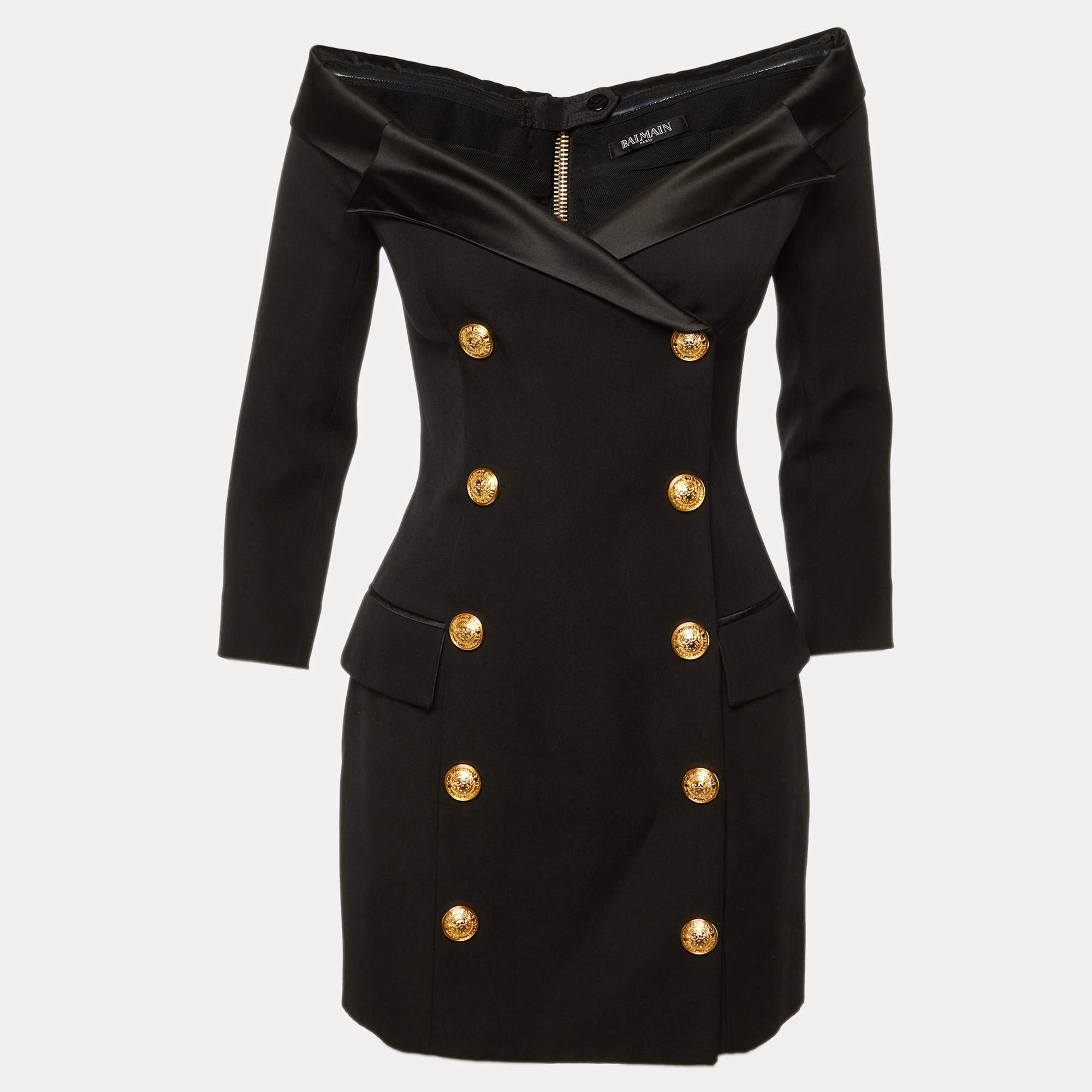 Pre Owned Balmain Black Wool Double Breasted Off-The-Shoulder Dress M