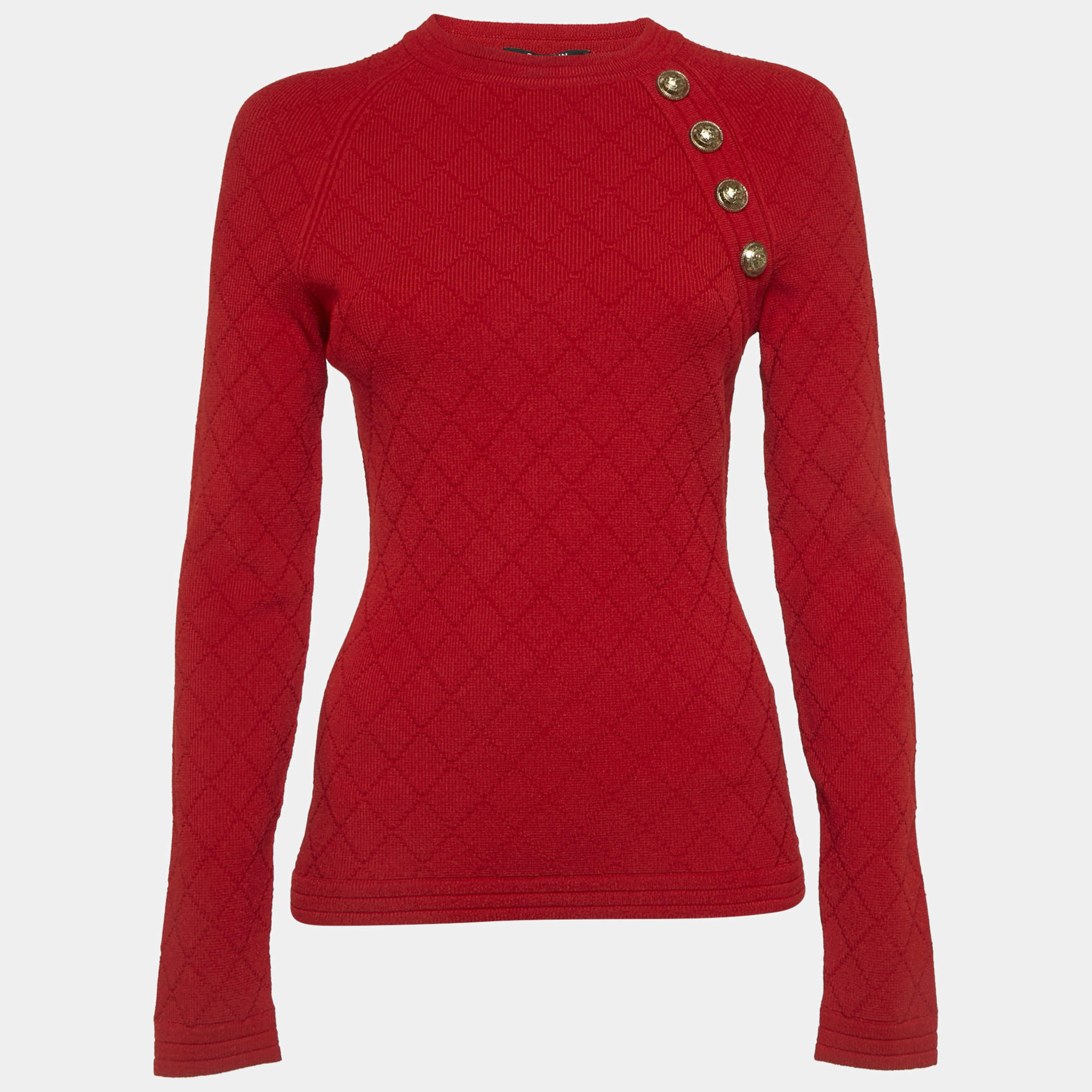 Pre Owned Balmain Red Stretch Knit Button Detail Sweater M