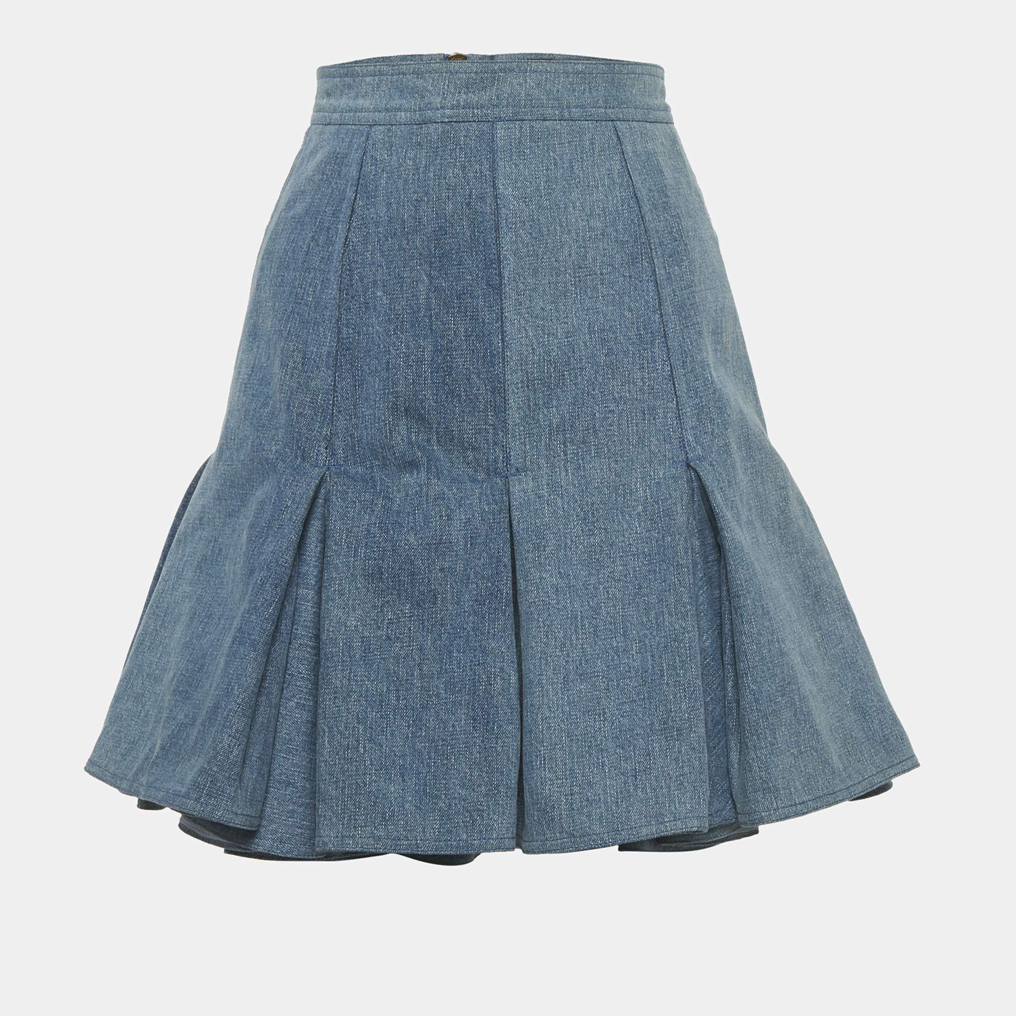 Pre Owned Balmain Blue Pleated Denim Mini Skirt S