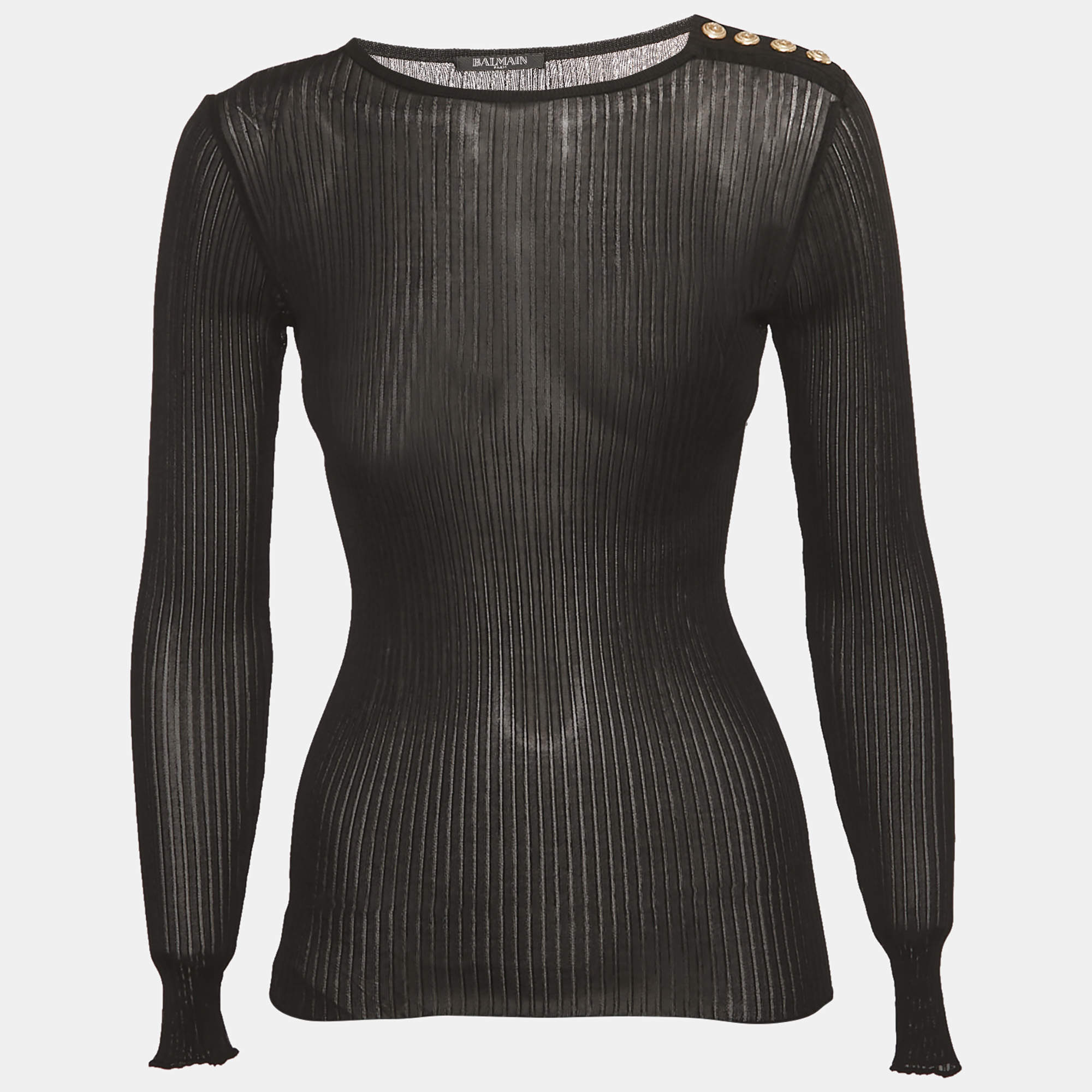 Pre Owned Balmain Black Rib Knit Long Sleeve Top S