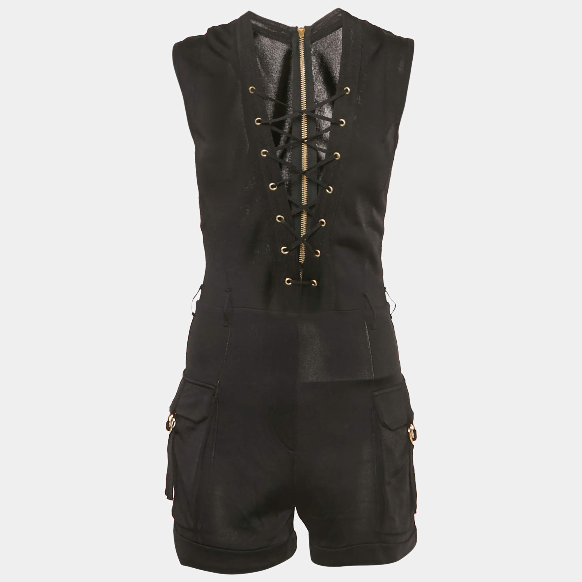 Pre Owned Balmain Black Knit Lace-Up Jumpsuit S