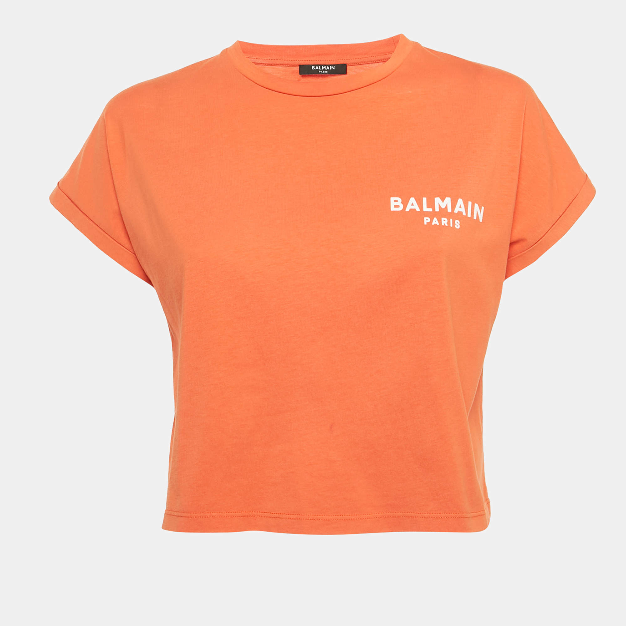 مملوكة مسبقًا Balmain Orange Logo Printed Cotton Knit Crop Top XS
